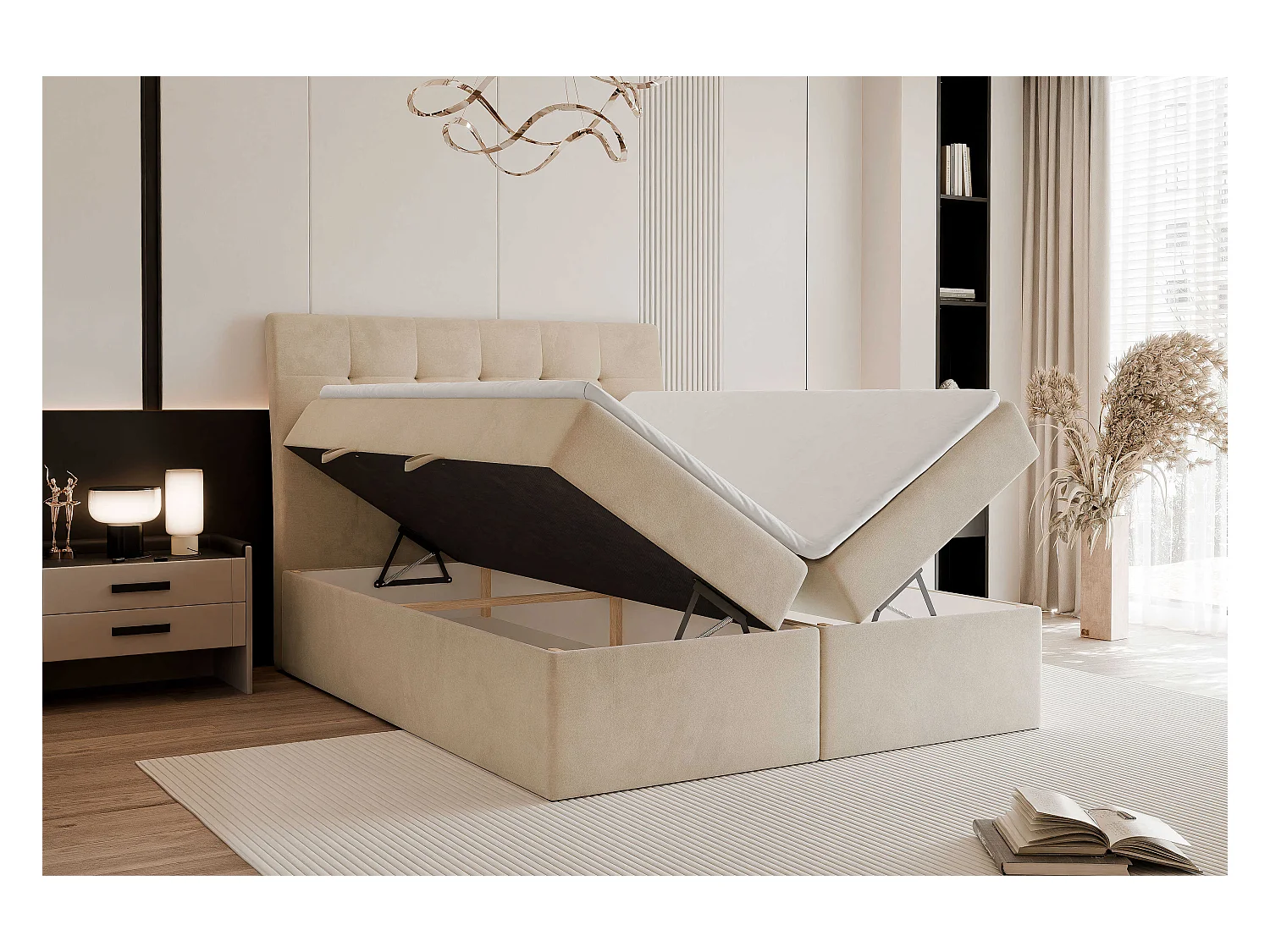 Lit continental rembourré avec matelas, crème - 140x200