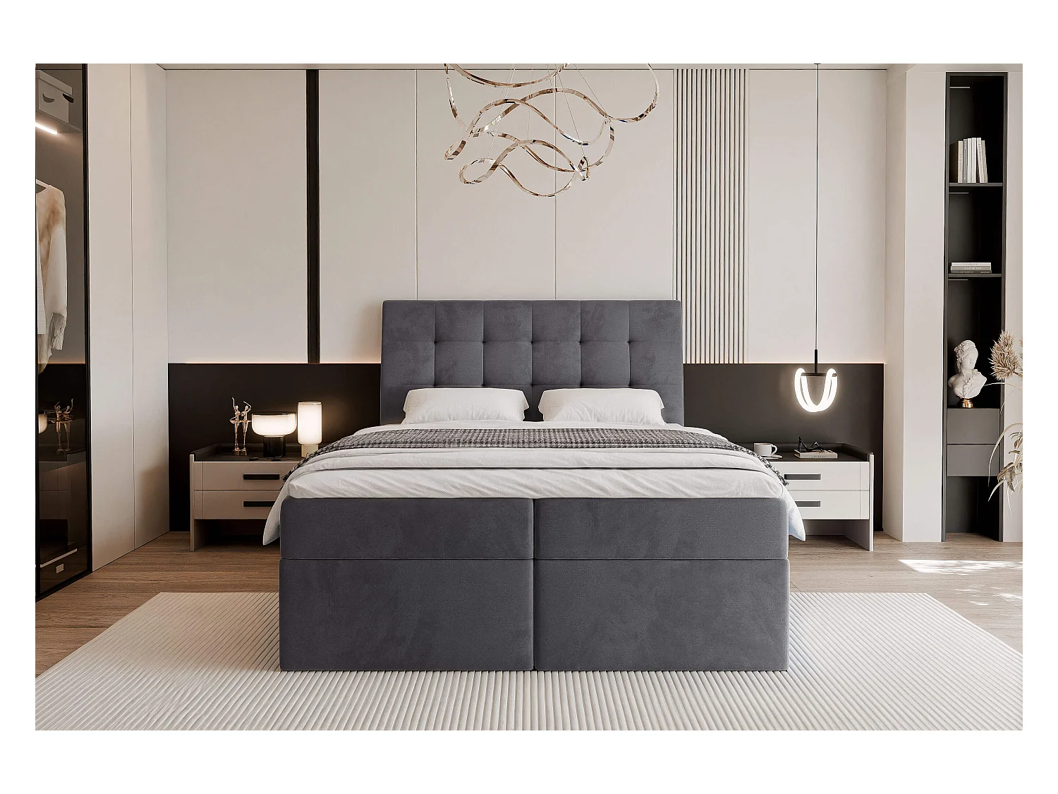 Lit continental rembourré avec surmatelas, gris anthracite - 200x200 - BAILEY