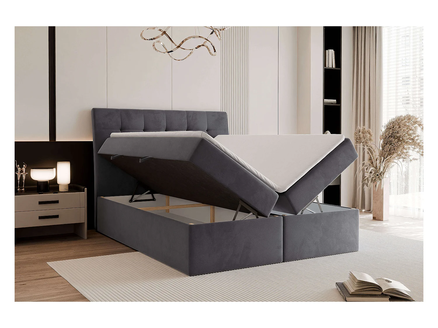 Lit continental rembourré avec surmatelas, gris anthracite - 200x200 - BAILEY