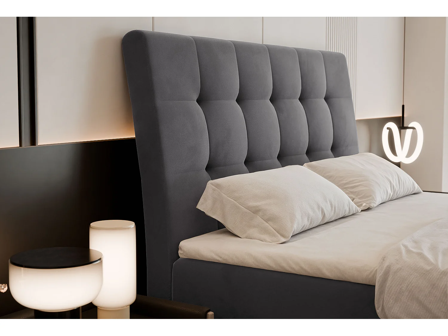 Lit continental rembourré avec surmatelas, gris anthracite - 200x200 - BAILEY