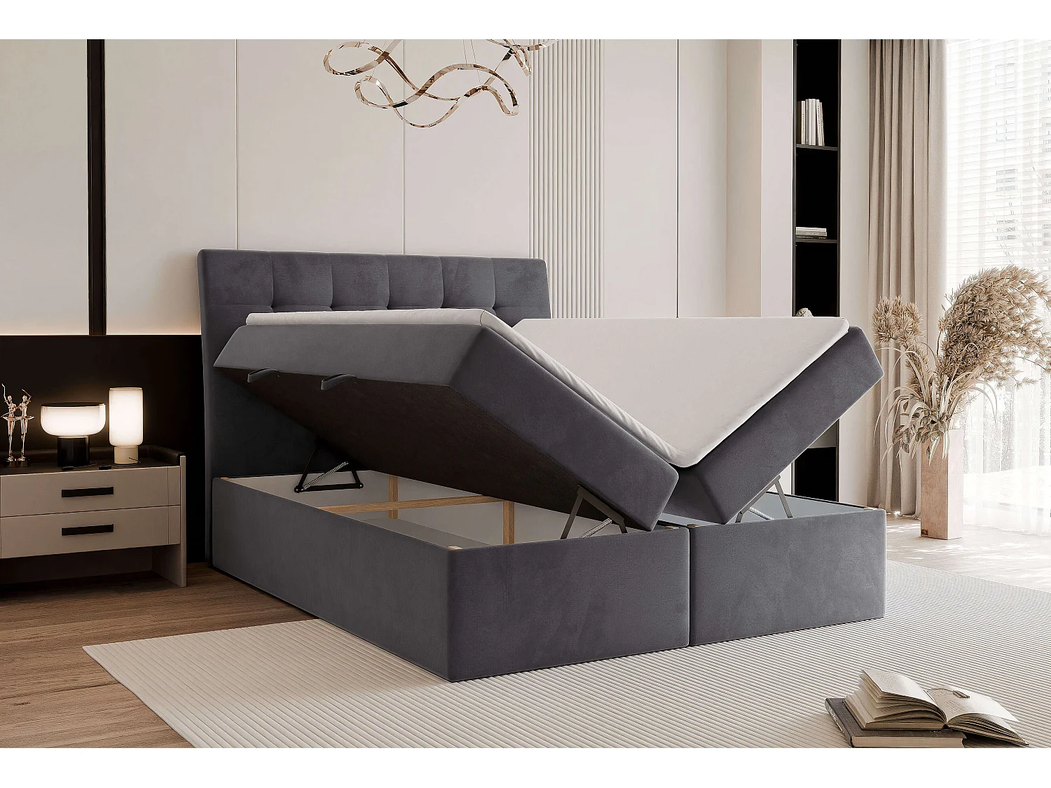 Lit continental rembourré avec surmatelas, gris anthracite - 200x200 - BAILEY