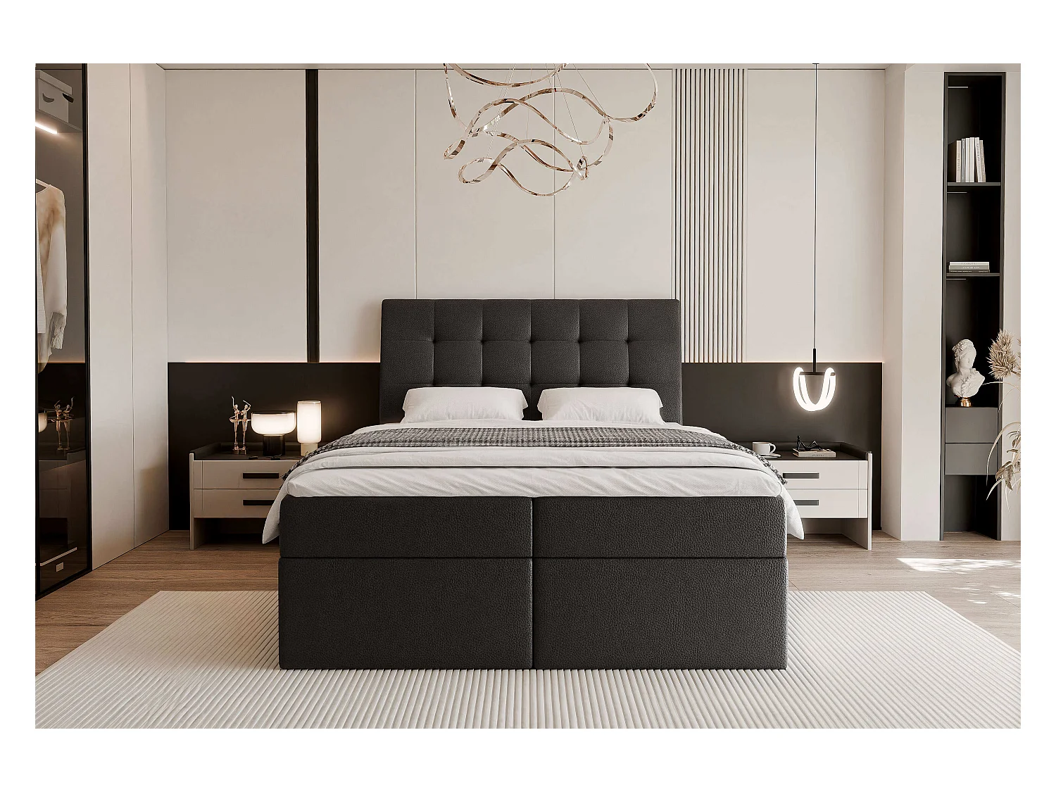 Lit continental rembourré avec matelas, noir  - 180x200