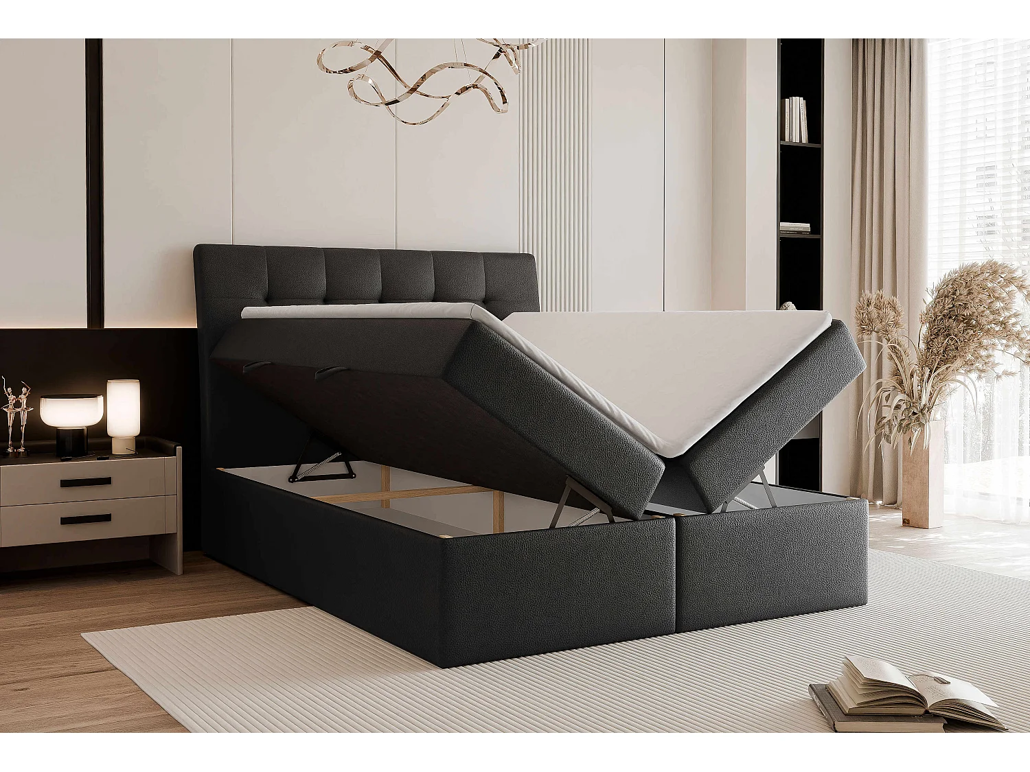 Lit continental rembourré avec matelas, noir  - 180x200