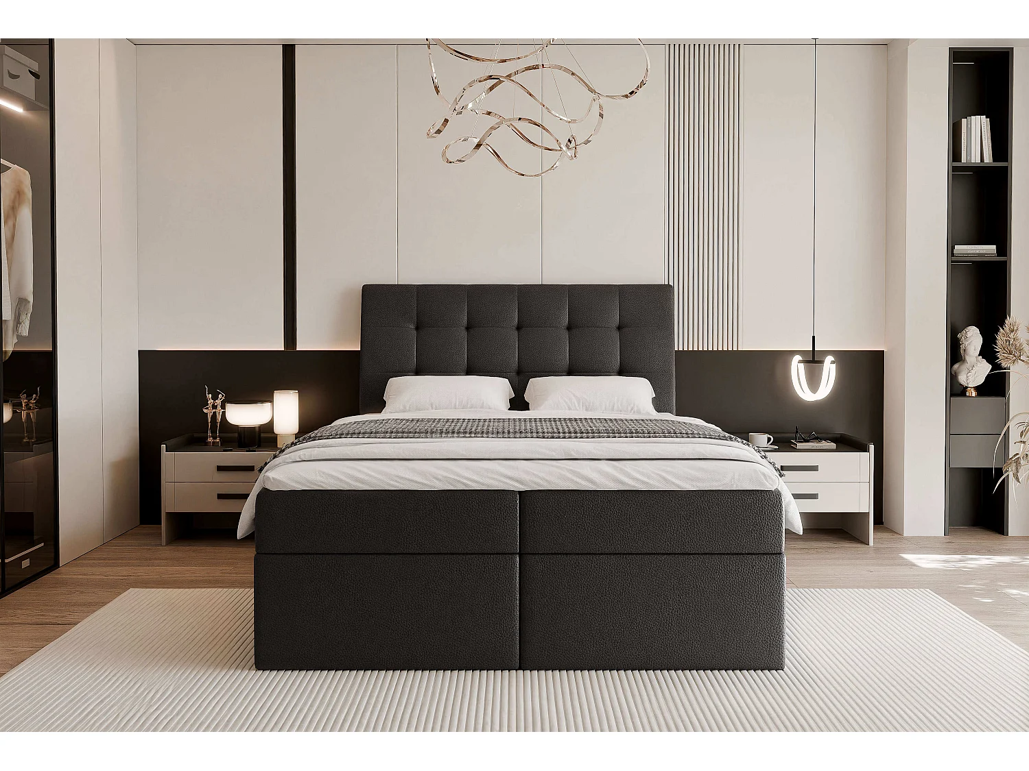 Lit continental rembourré avec surmatelas, noir  - 140x200 - BAILEY