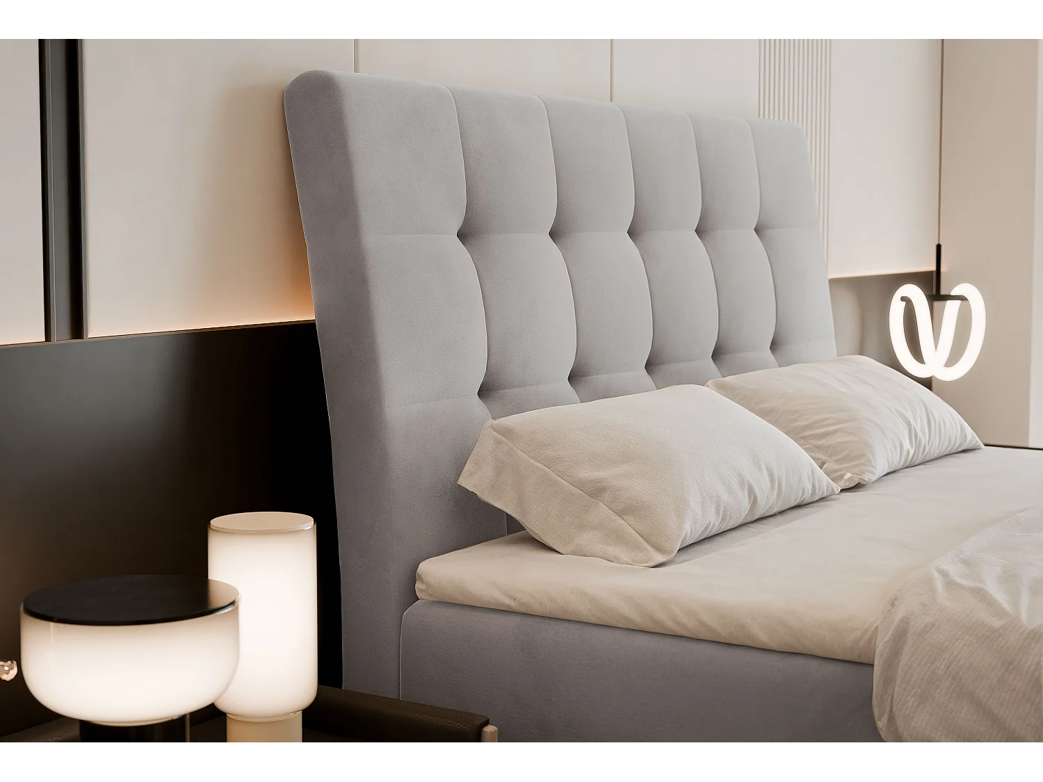 Lit continental rembourré avec matelas, gris - 180x200