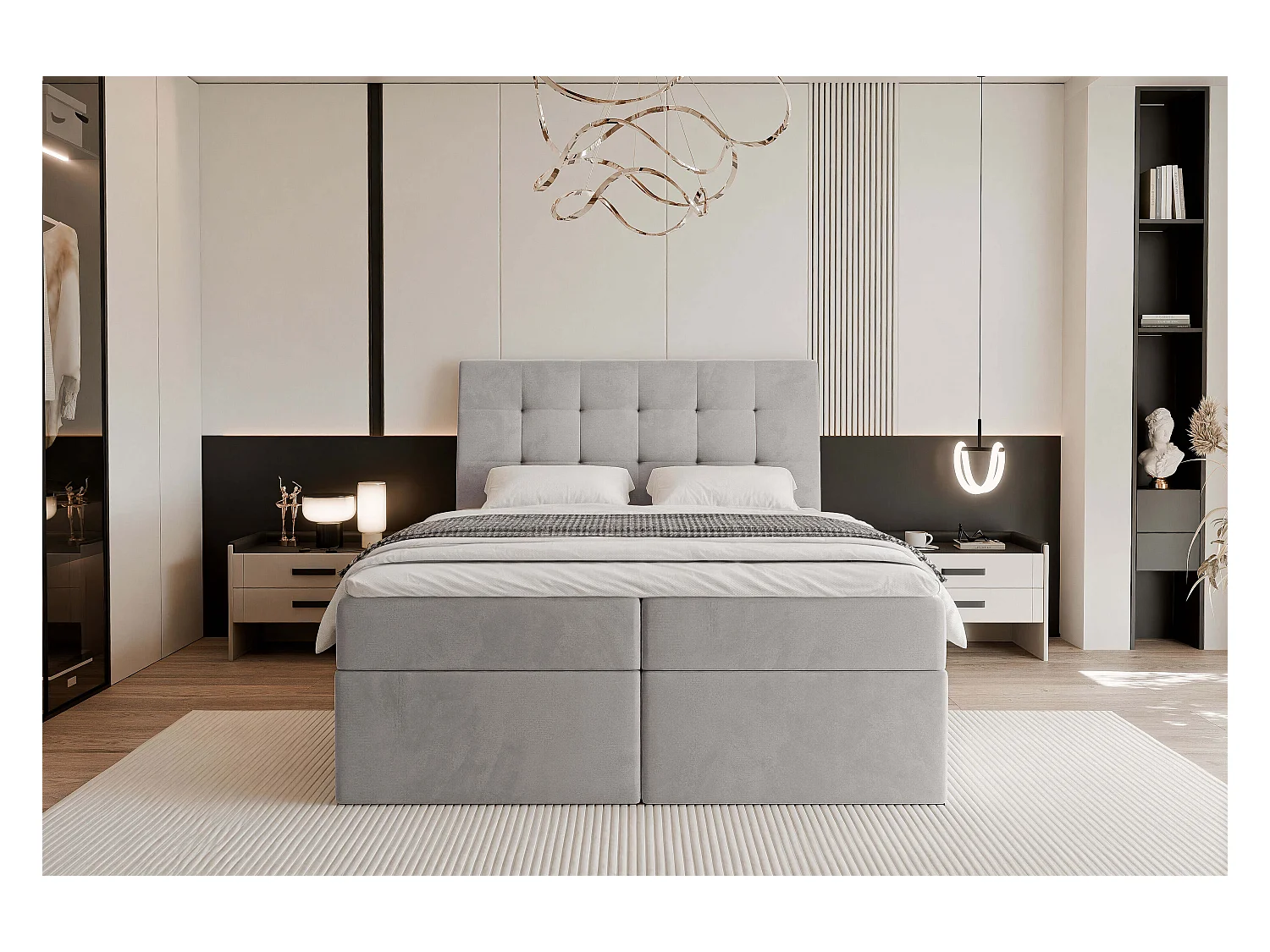 Lit continental rembourré avec matelas, gris - 160x200