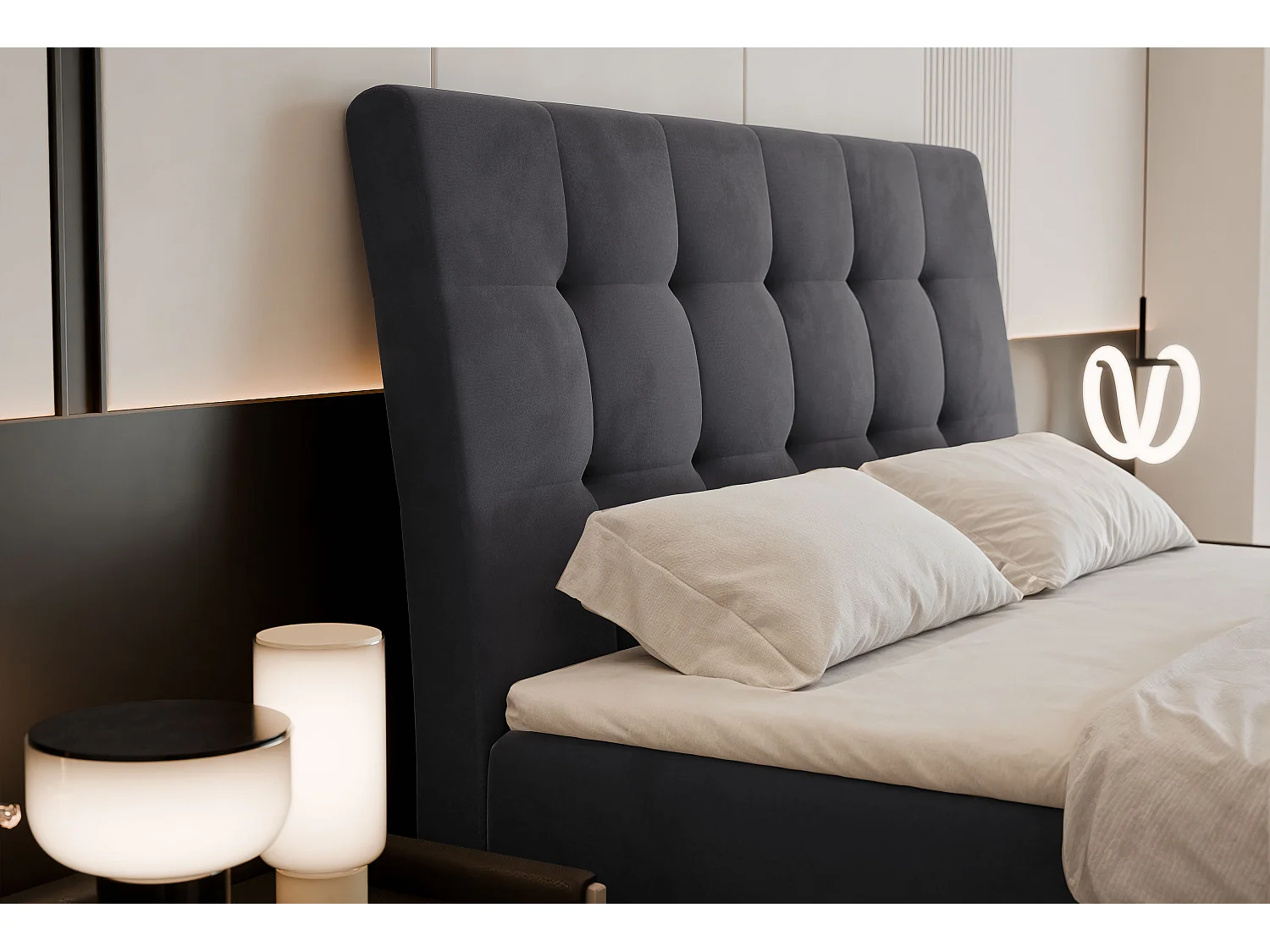 Lit continental rembourré avec surmatelas, gris anthracite - 180x200 - BAILEY