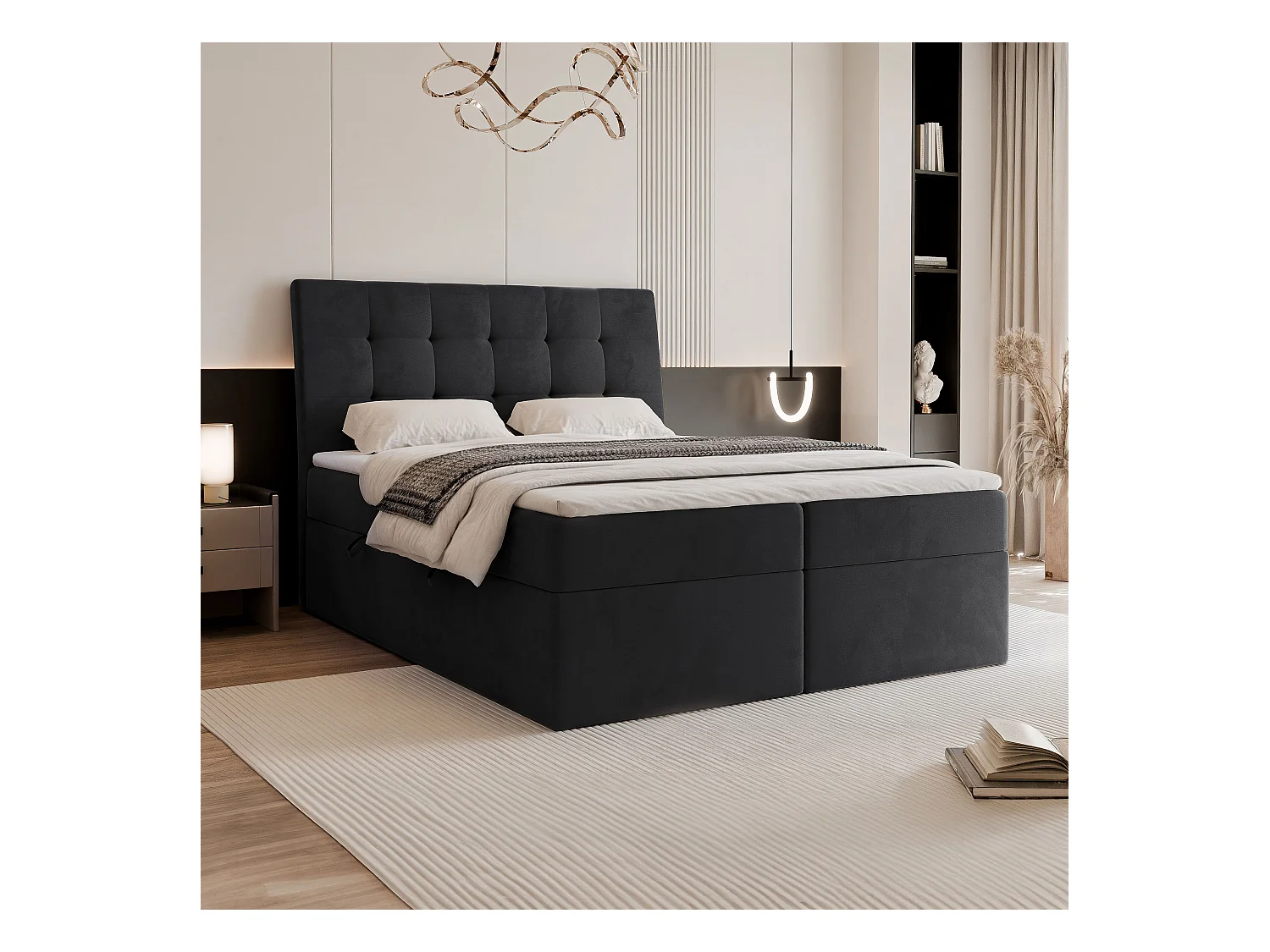 Lit continental rembourré avec matelas, noir - 200x200