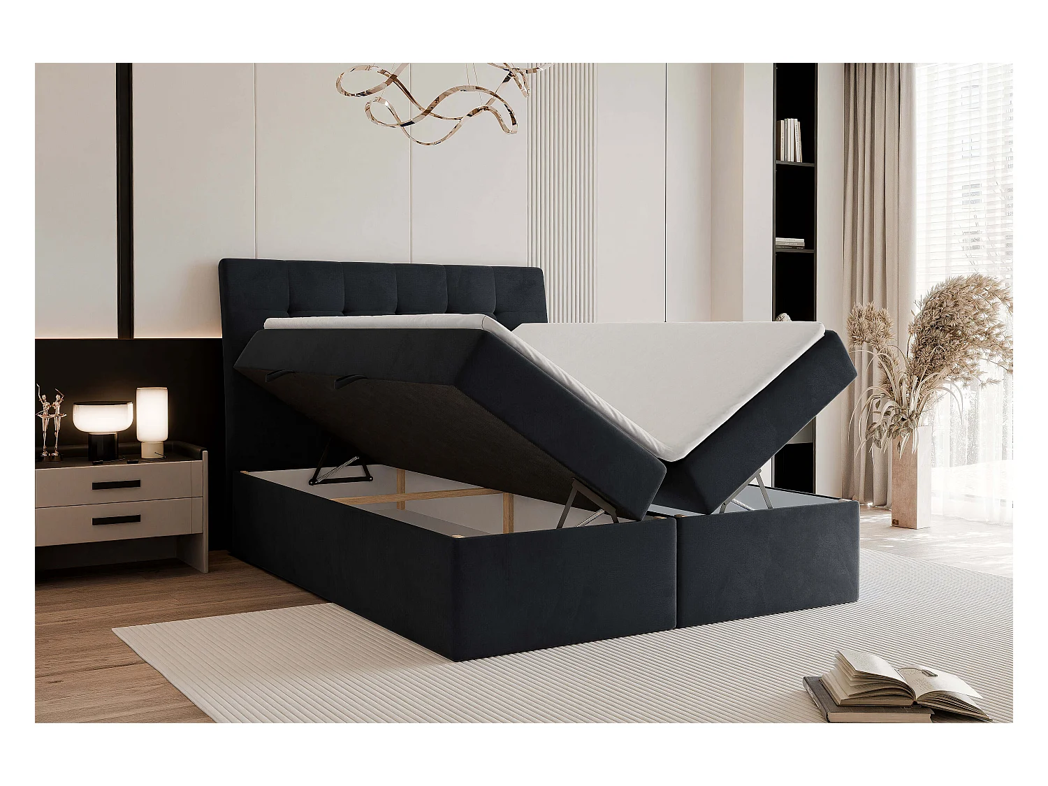 Lit continental rembourré avec matelas, noir - 200x200