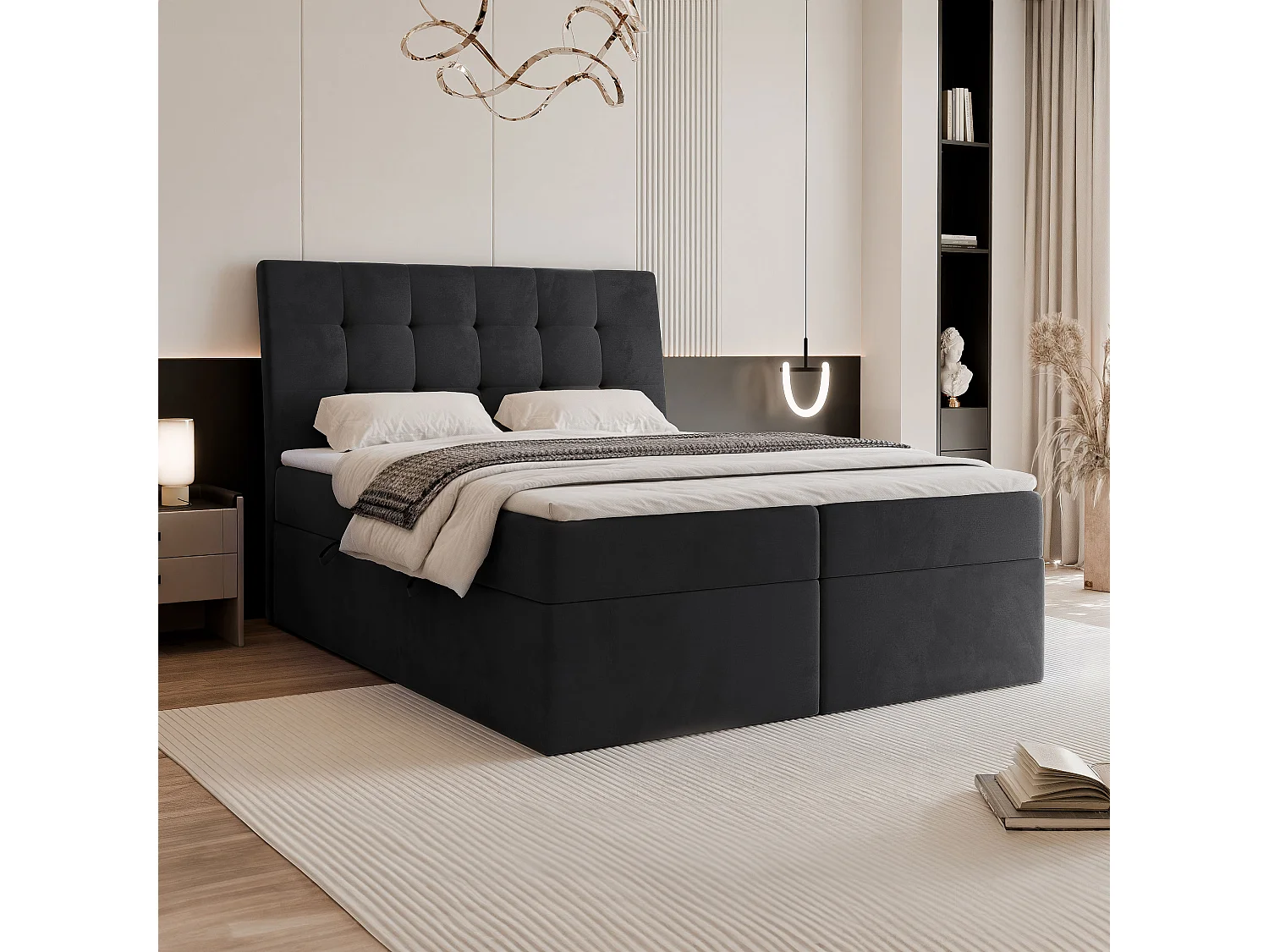 Lit continental rembourré avec matelas, noir - 200x200