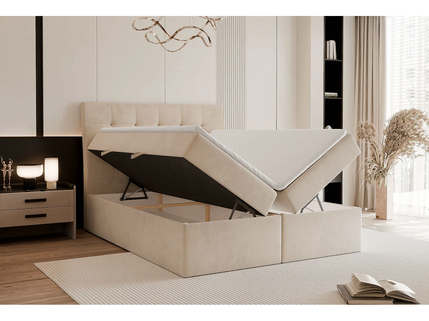 Lit continental rembourré avec matelas, beige - 140x200
