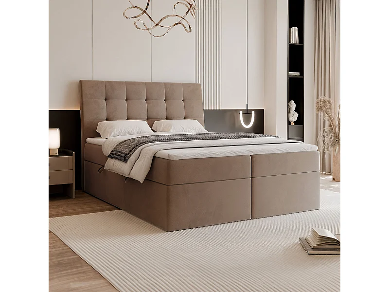 Lit continental rembourré avec matelas, marron - 140x200