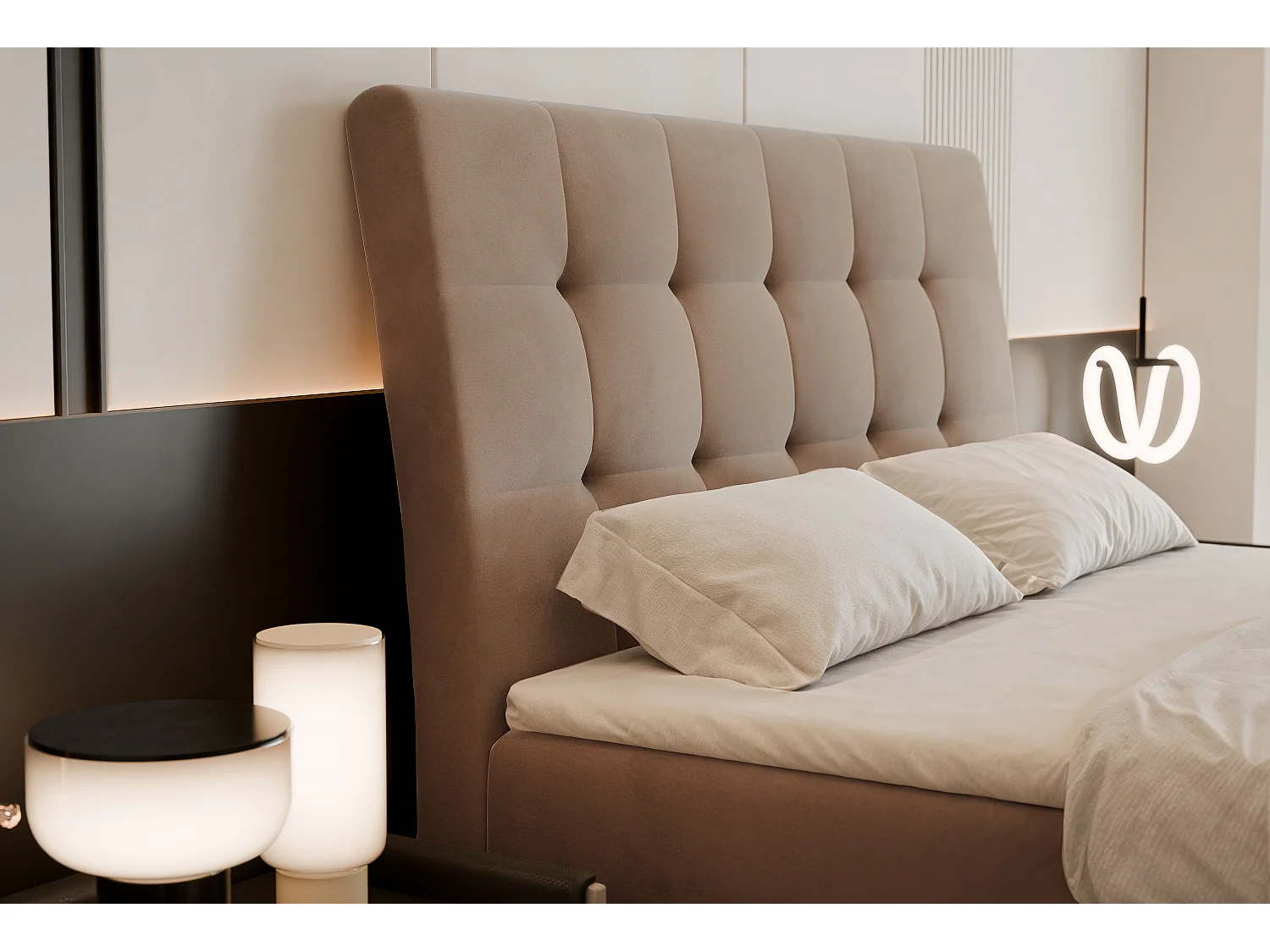 Lit continental rembourré avec matelas, marron - 140x200