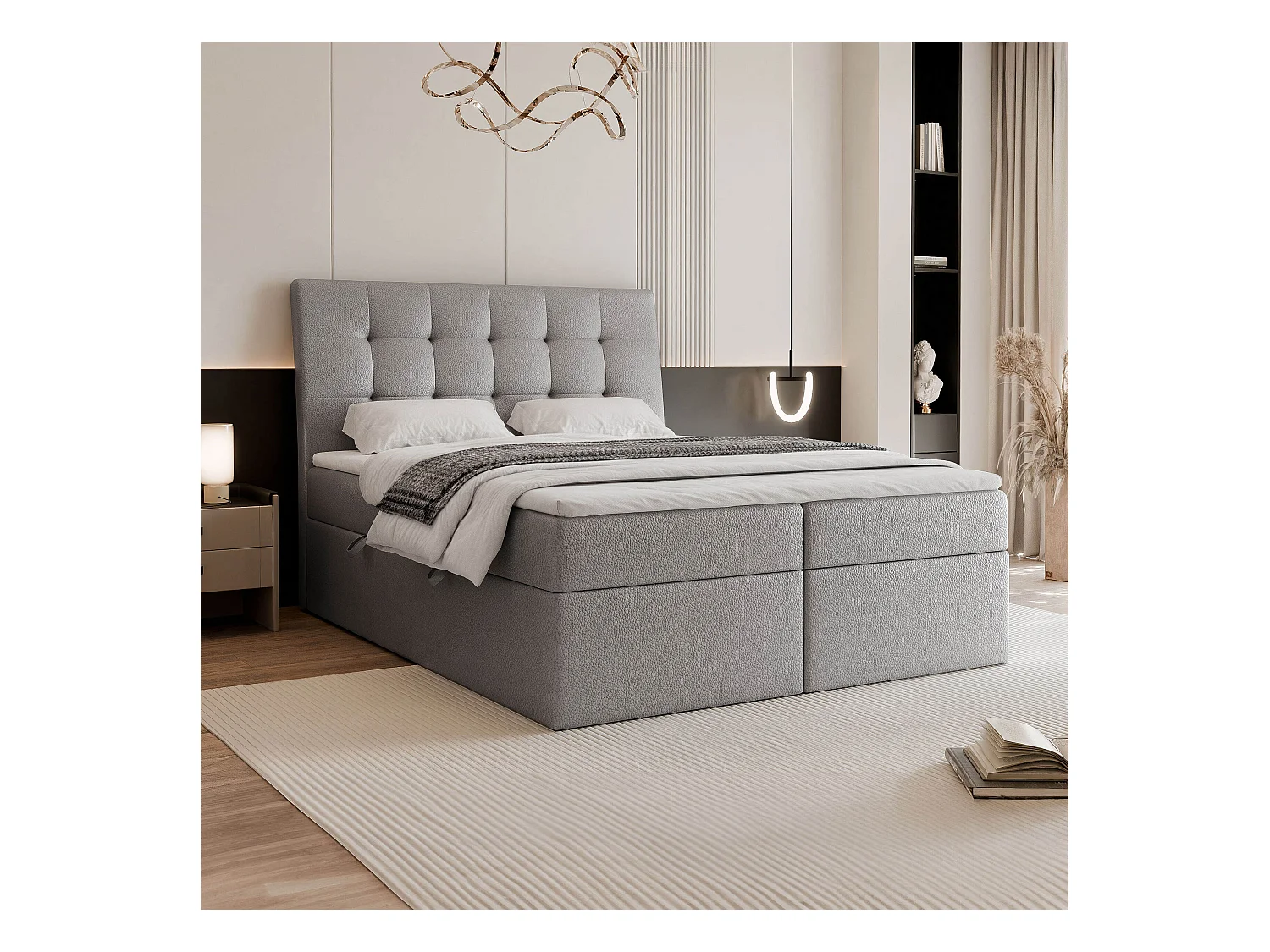 Lit continental rembourré avec matelas, gris  - 160x200