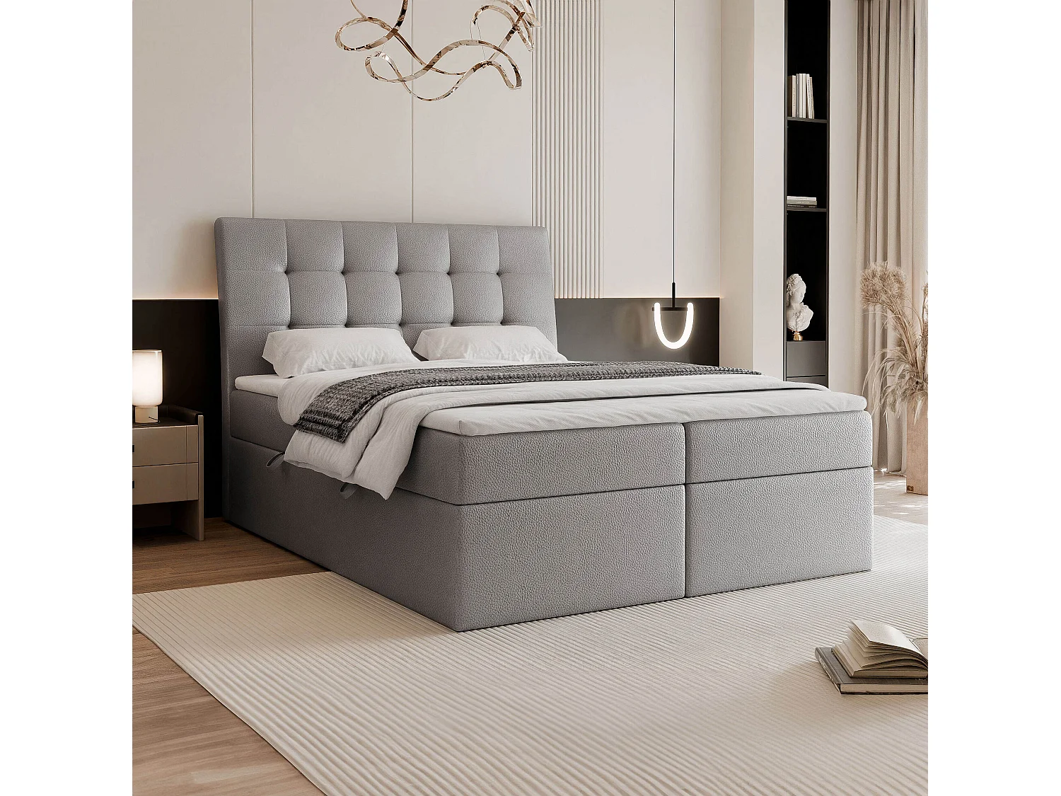 Lit continental rembourré avec matelas, gris  - 160x200