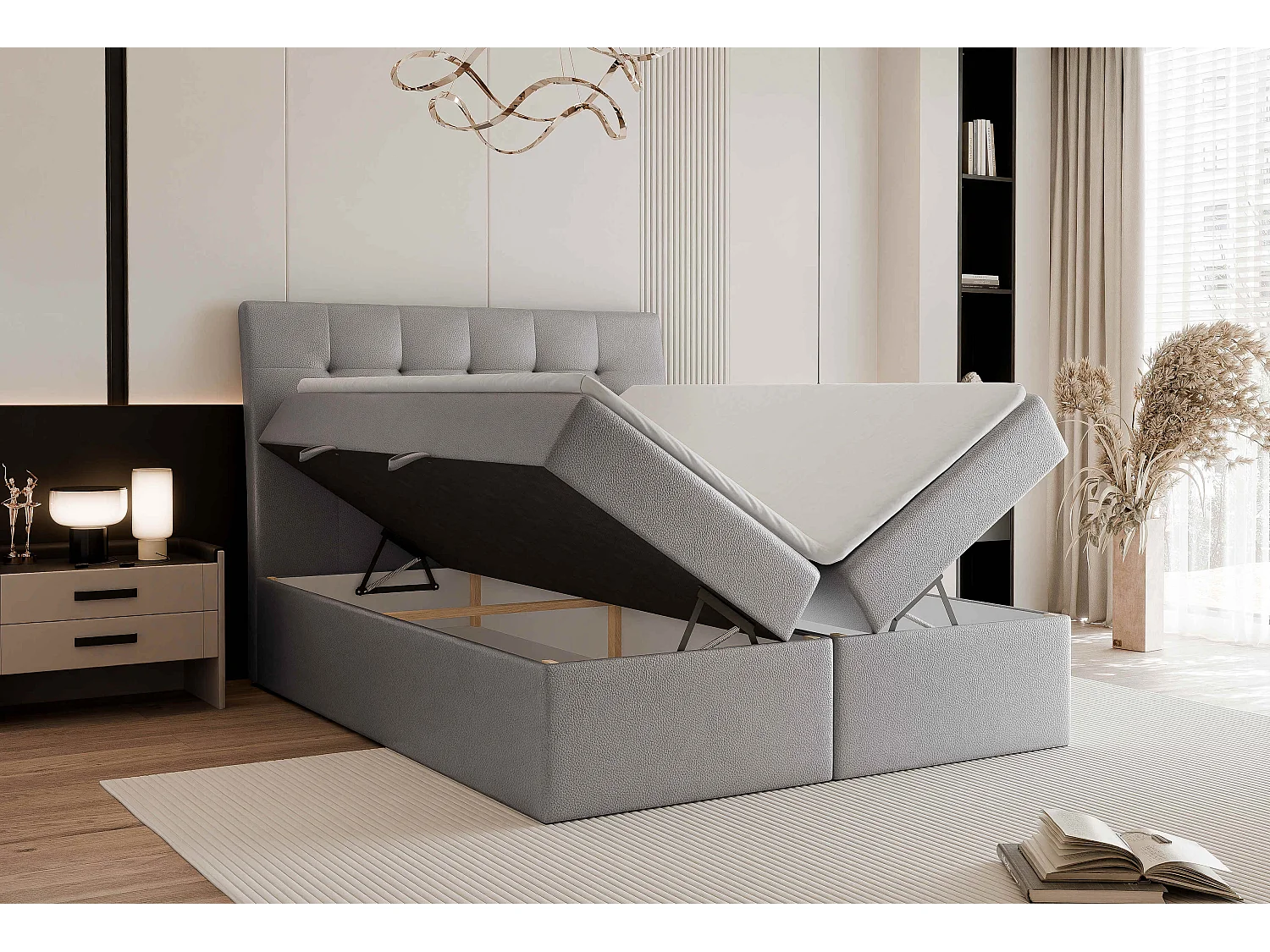Lit continental rembourré avec matelas, gris  - 160x200