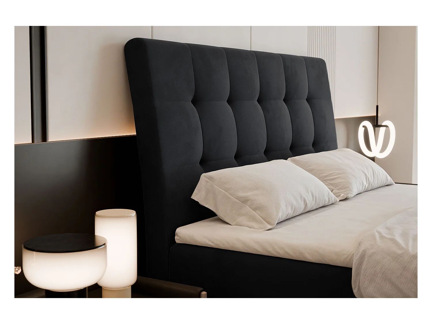 Lit continental rembourré avec surmatelas, noir - 160x200 - BAILEY