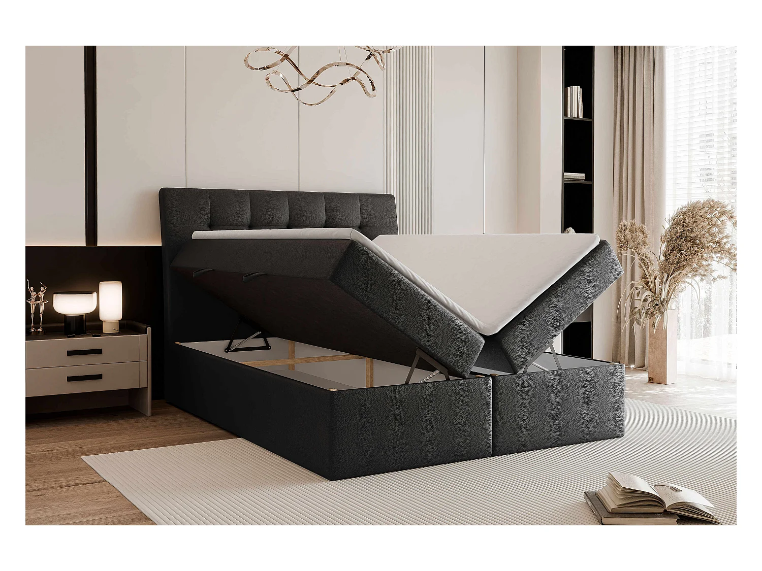 Lit continental rembourré avec surmatelas, noir  - 200x200 - BAILEY