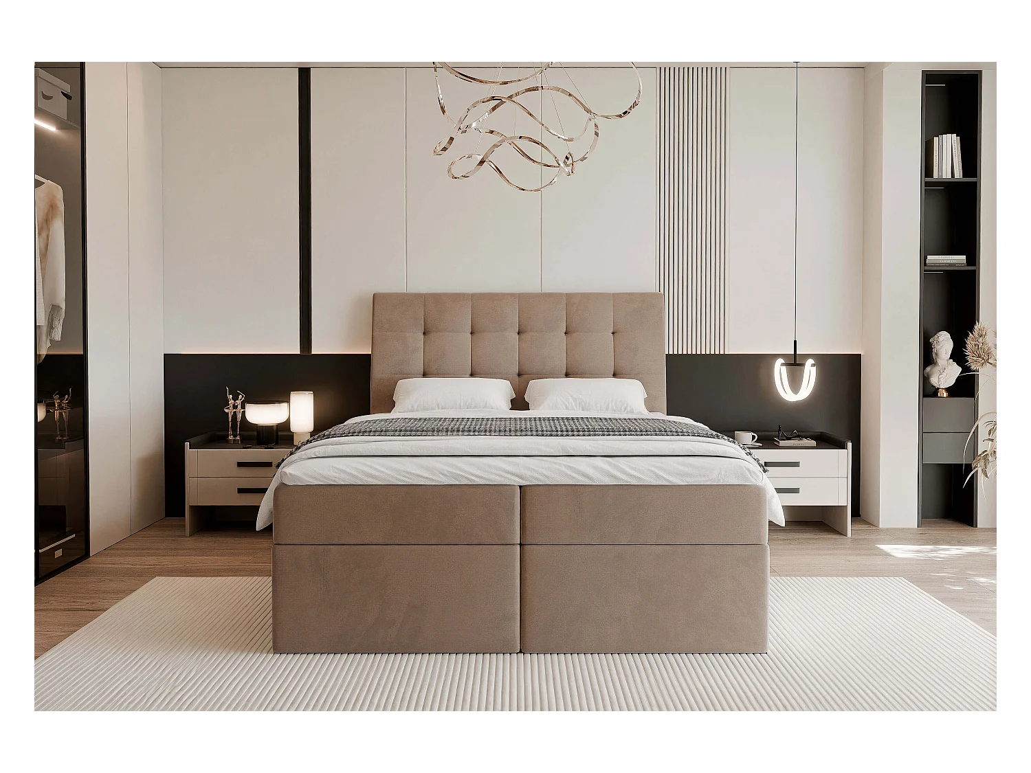 Lit continental rembourré avec matelas, marron - 200x200