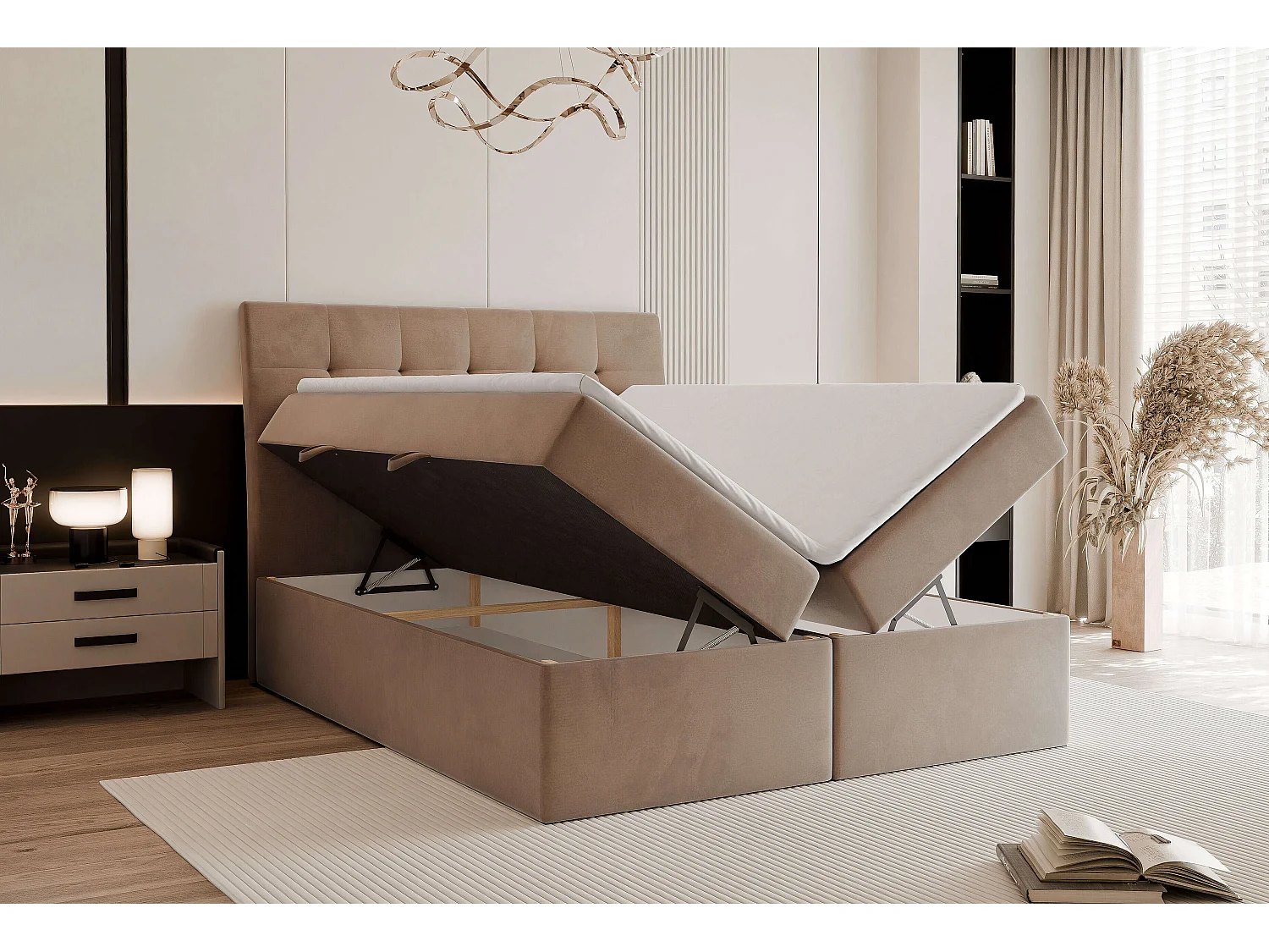 Lit continental rembourré avec matelas, marron - 200x200