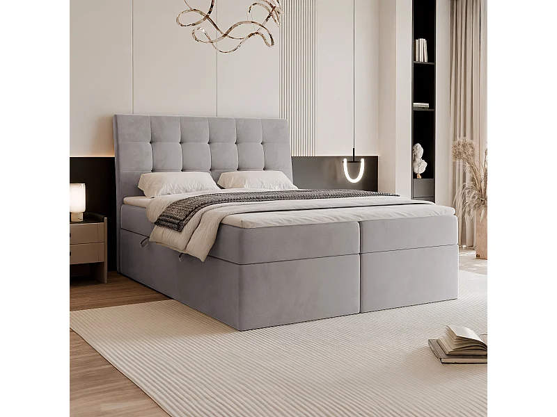Lit continental rembourré avec surmatelas, gris - 200x200 - BAILEY