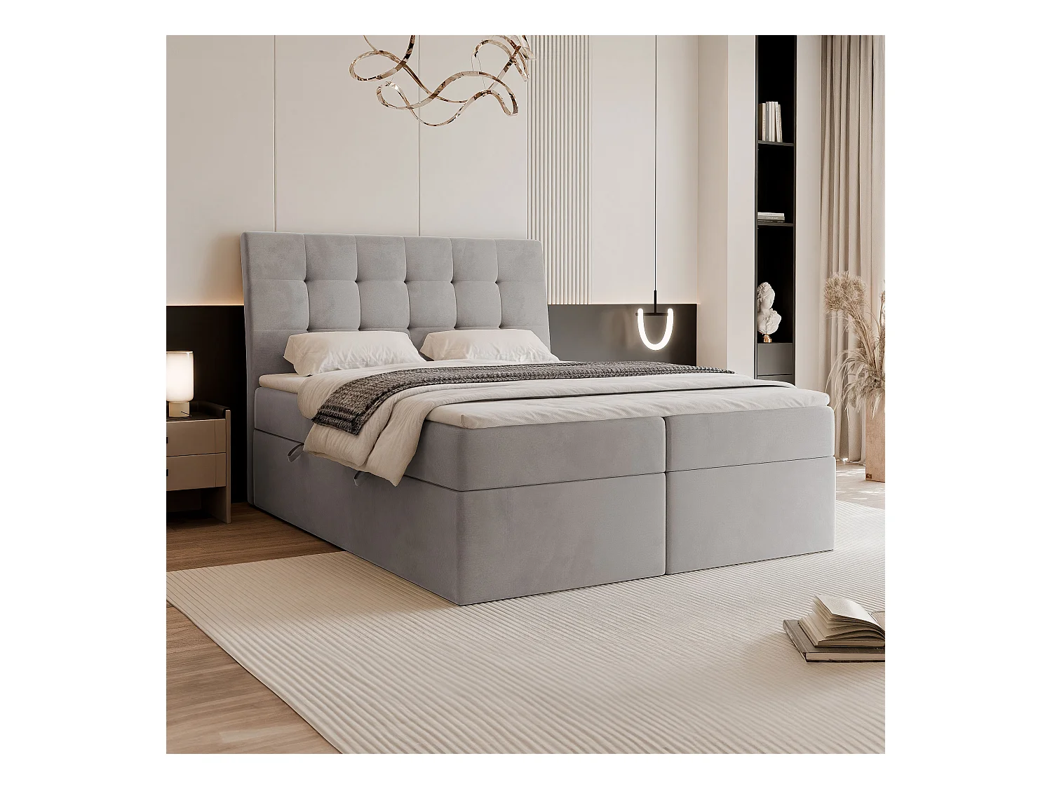 Lit continental rembourré avec matelas, gris clair - 160x200