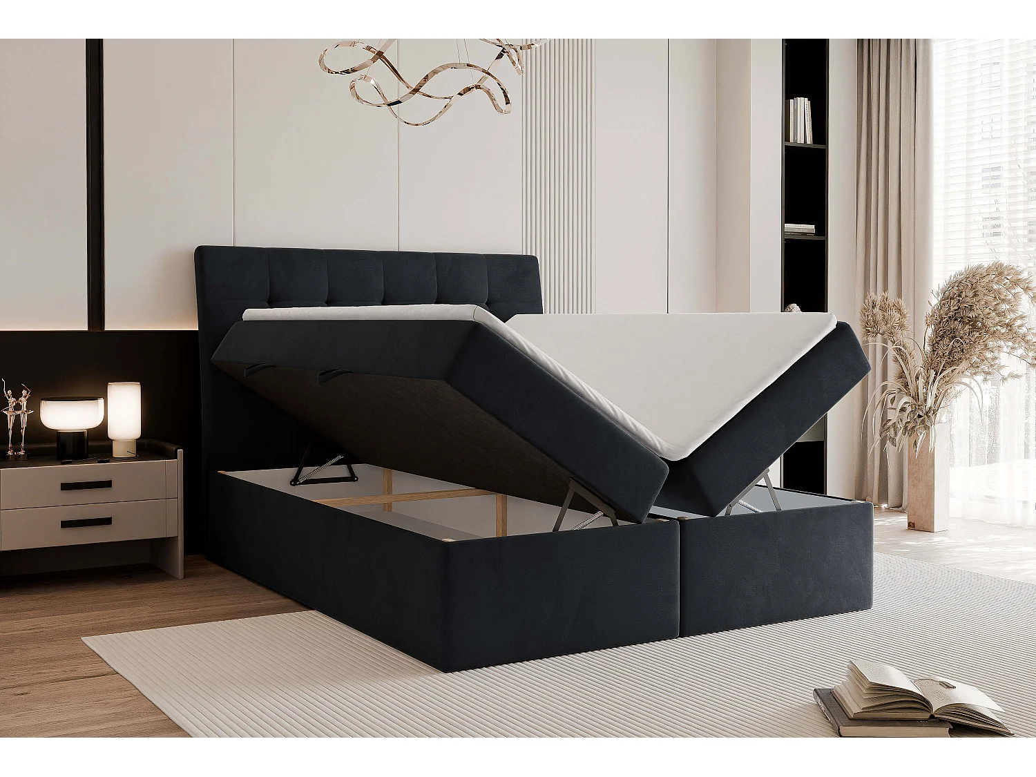 Lit continental rembourré avec surmatelas, noir - 180x200 - BAILEY