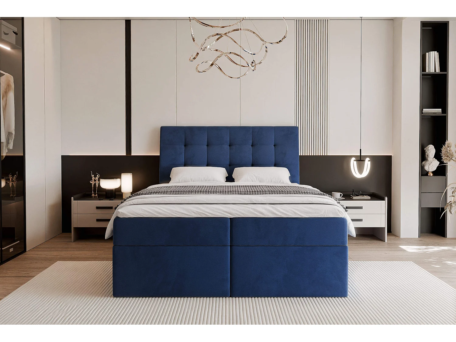 Lit continental rembourré avec matelas, bleu - 180x200