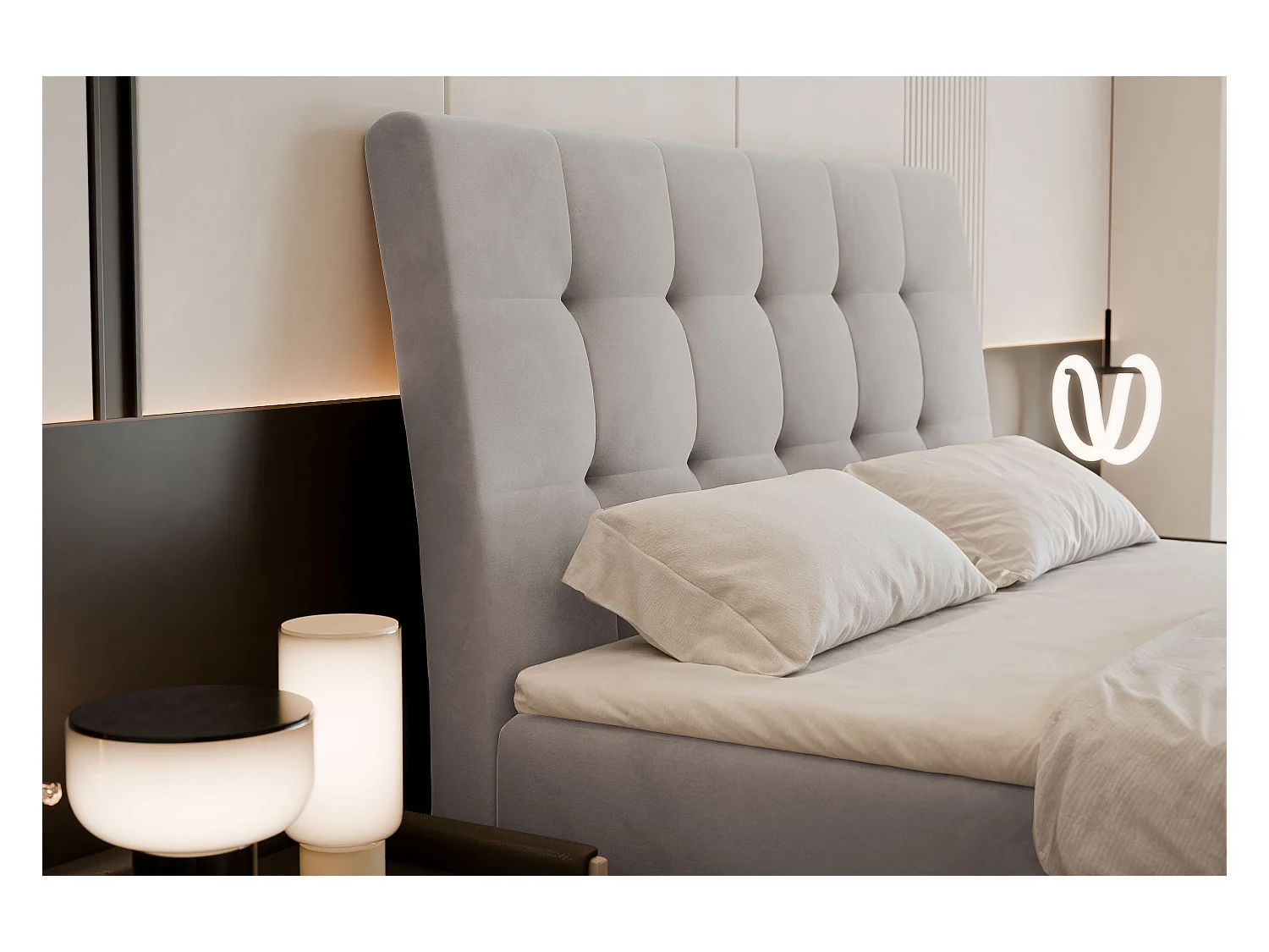 Lit continental rembourré avec matelas, gris clair - 200x200