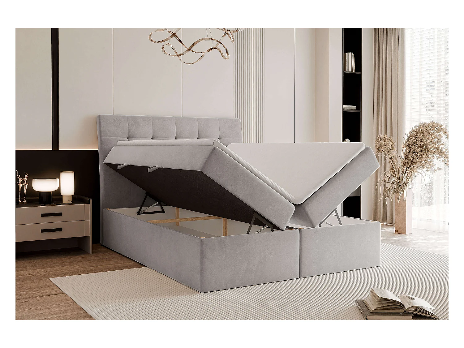 Lit continental rembourré avec matelas, gris clair - 180x200