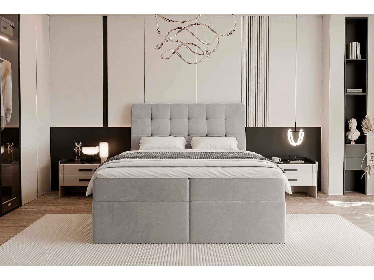 Lit continental rembourré avec matelas, gris clair - 180x200