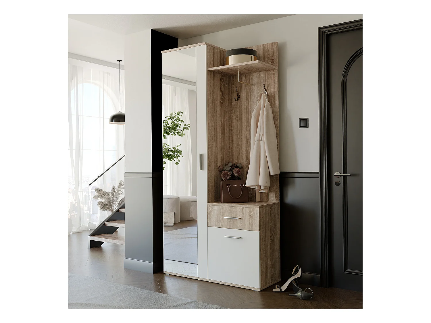 Vestiaire avec 3 portes, 1 tiroir et 1 miroir - Naturel et blanc