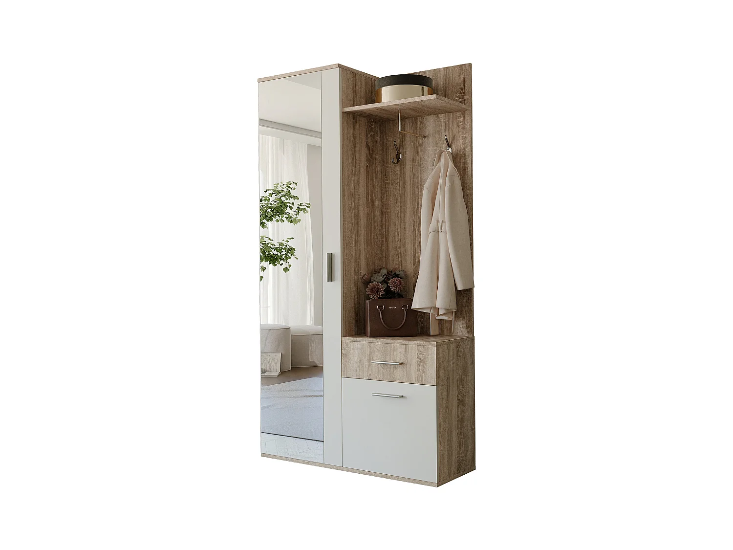 Vestiaire avec 3 portes, 1 tiroir et 1 miroir - Naturel et blanc