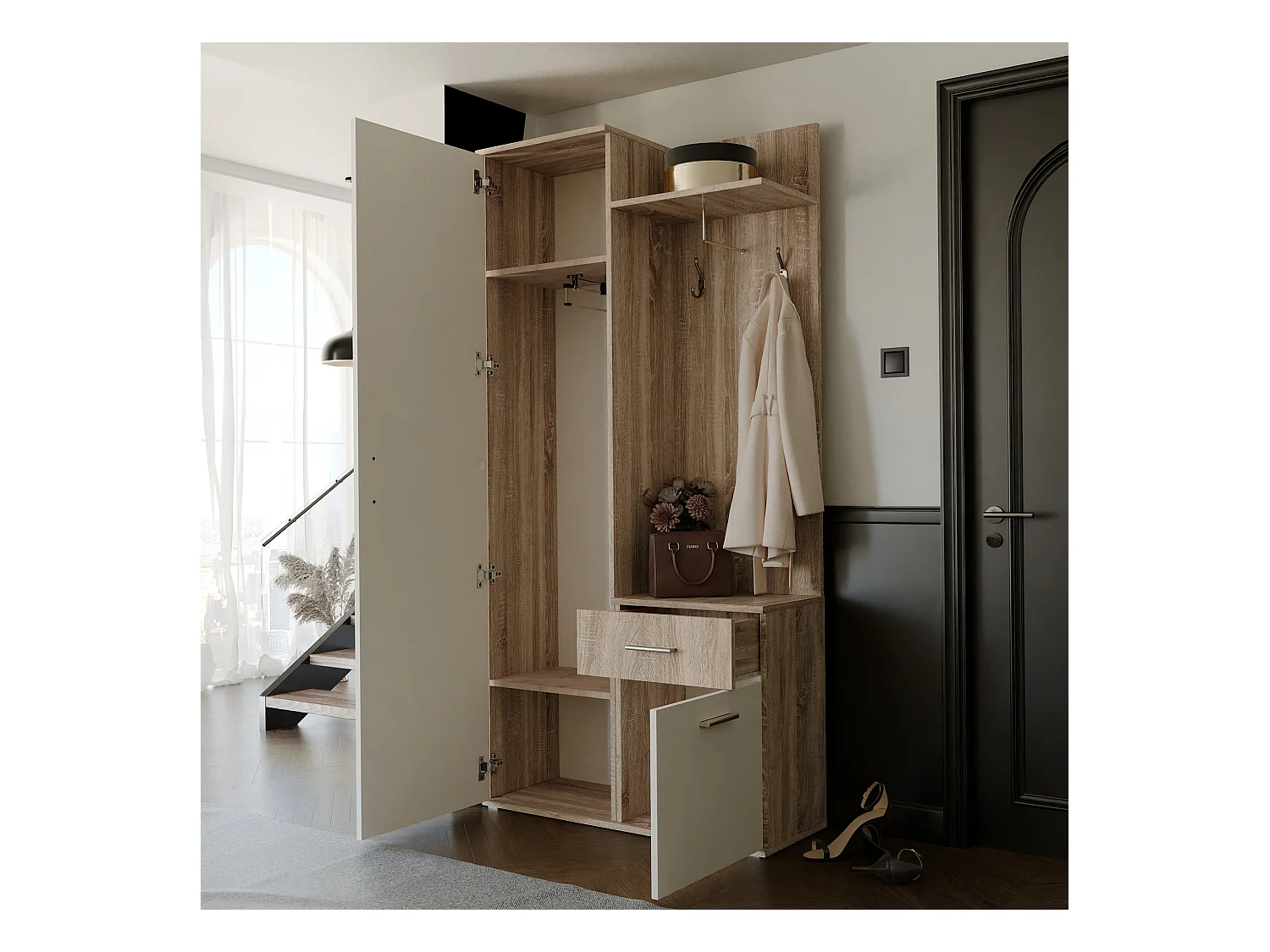 Vestiaire avec 3 portes, 1 tiroir et 1 miroir - Naturel et blanc