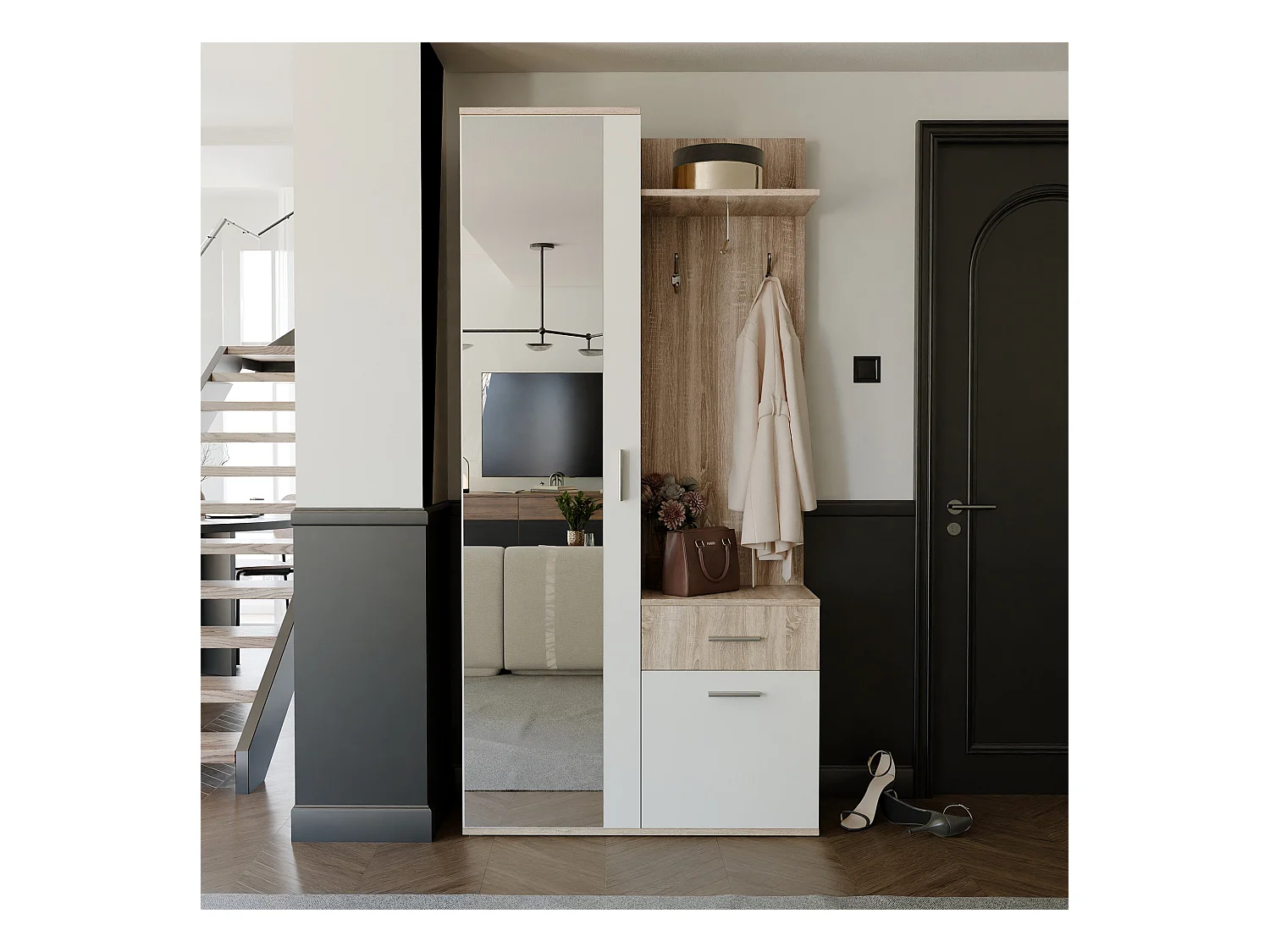 Vestiaire avec 3 portes, 1 tiroir et 1 miroir - Naturel et blanc