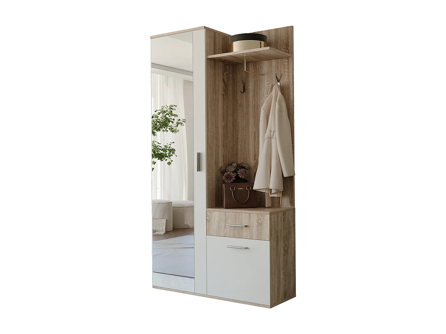 Vestiaire avec 3 portes, 1 tiroir et 1 miroir - Naturel et blanc