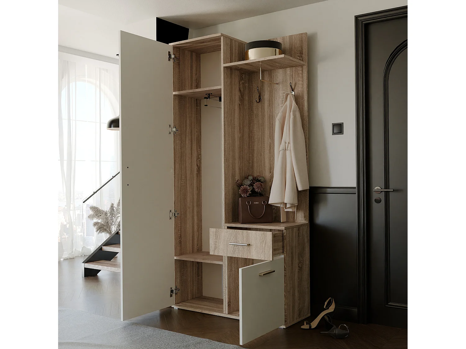 Vestiaire avec 3 portes, 1 tiroir et 1 miroir - Naturel et blanc