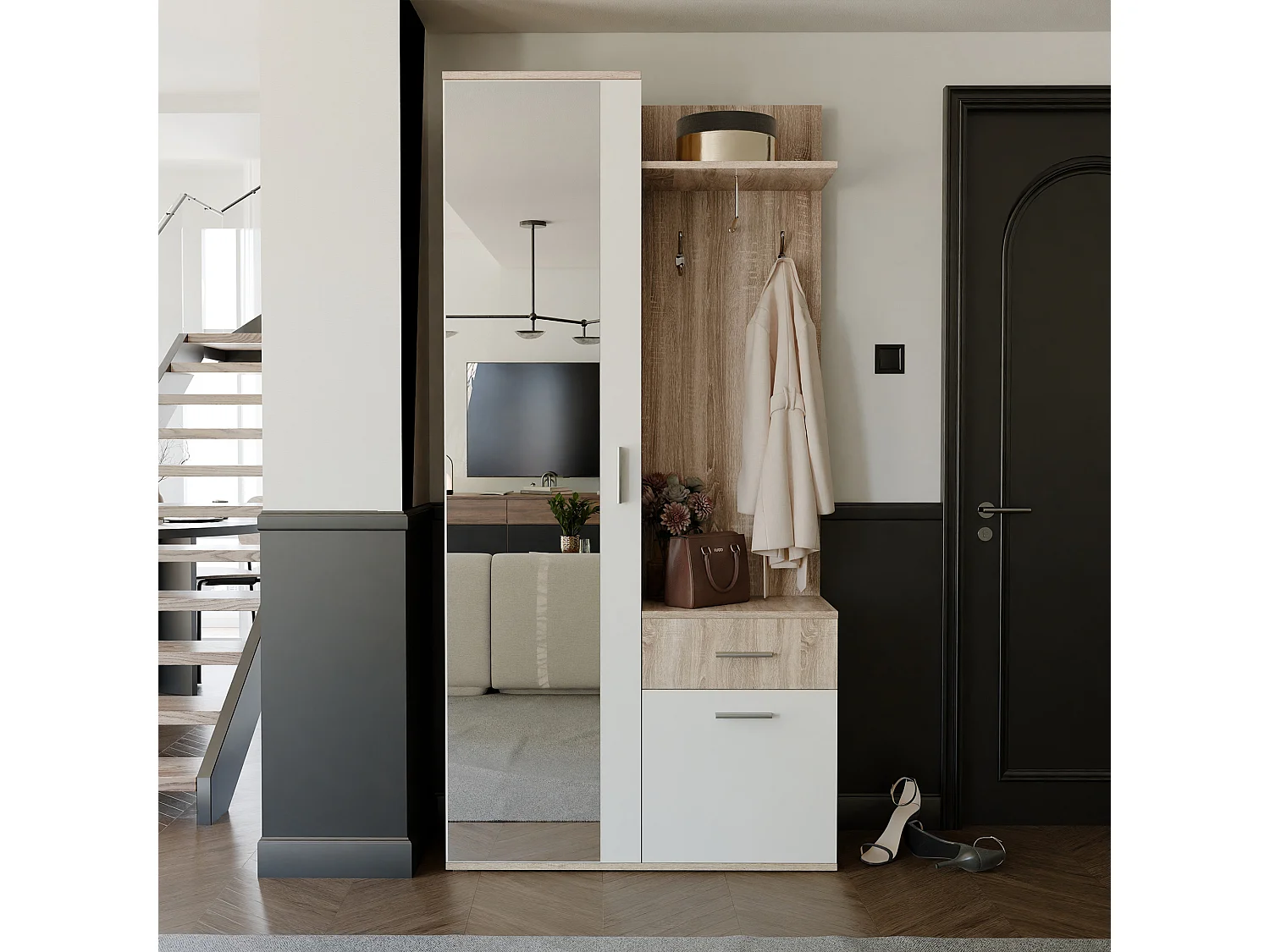 Vestiaire avec 3 portes, 1 tiroir et 1 miroir - Naturel et blanc