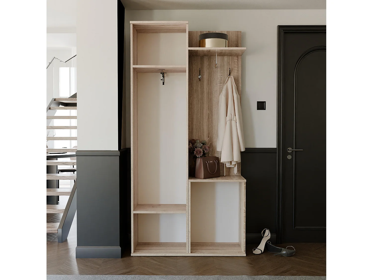 Vestiaire avec 3 portes, 1 tiroir et 1 miroir - Naturel et blanc