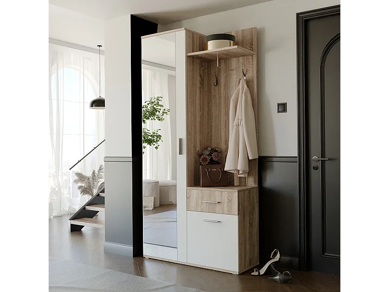 Vestiaire avec 3 portes, 1 tiroir et 1 miroir - Naturel et blanc