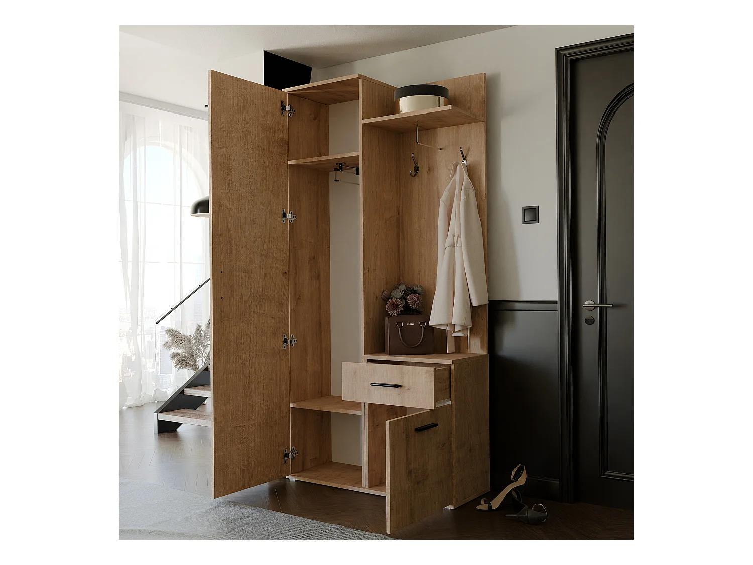 Vestiaire avec 3 portes, 1 tiroir et 1 miroir - artisan