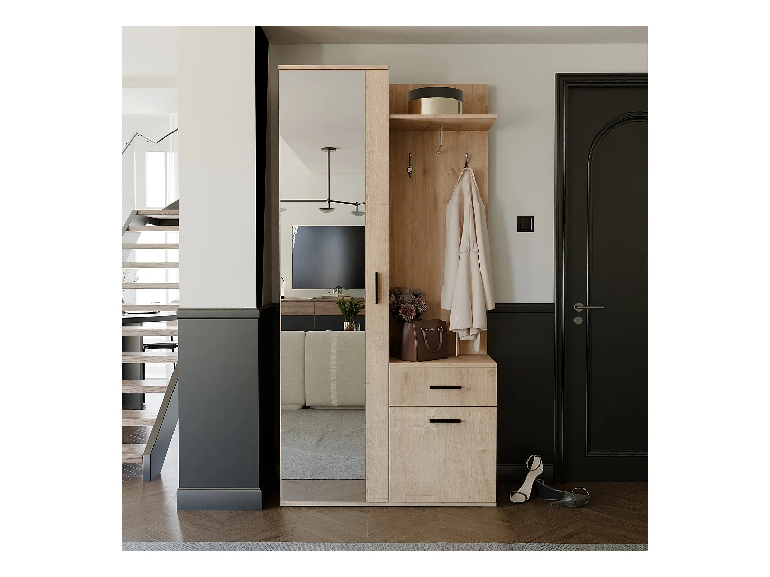 Vestiaire avec 3 portes, 1 tiroir et 1 miroir - artisan