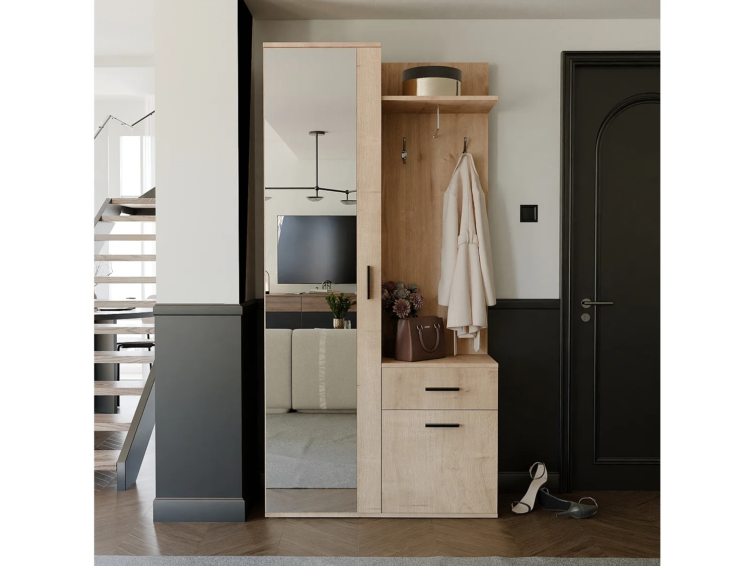 Vestiaire avec 3 portes, 1 tiroir et 1 miroir - artisan