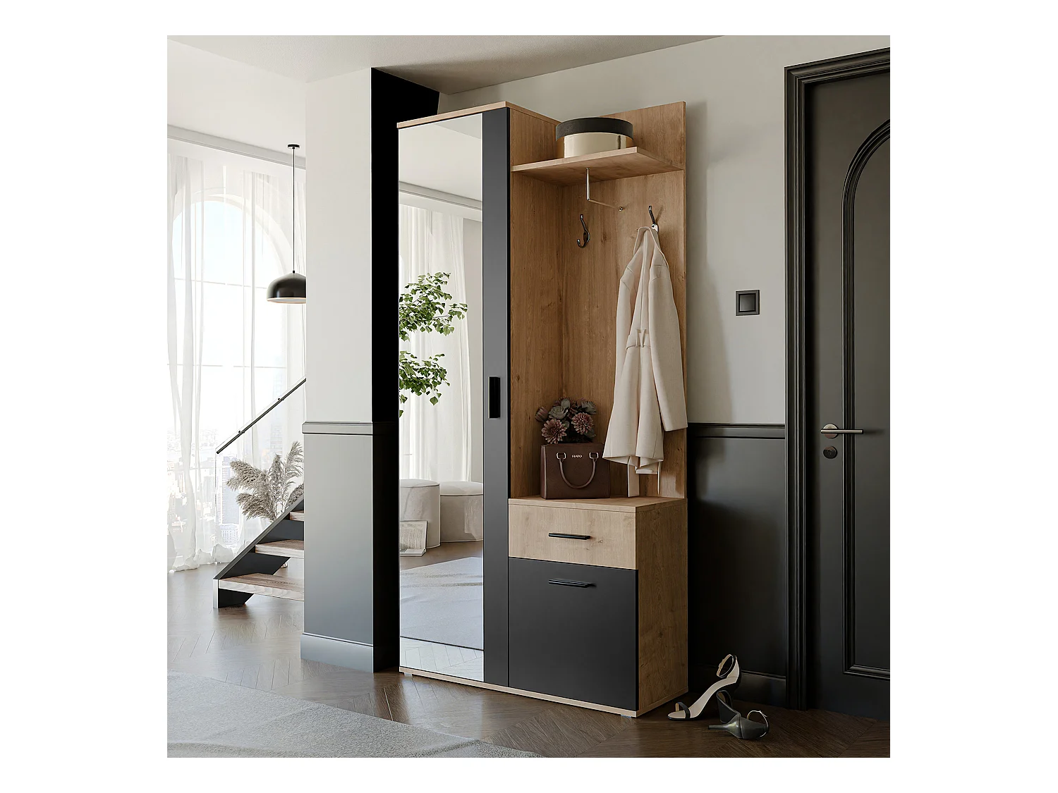 Vestiaire avec 3 portes, 1 tiroir et 1 miroir – Naturel et noir