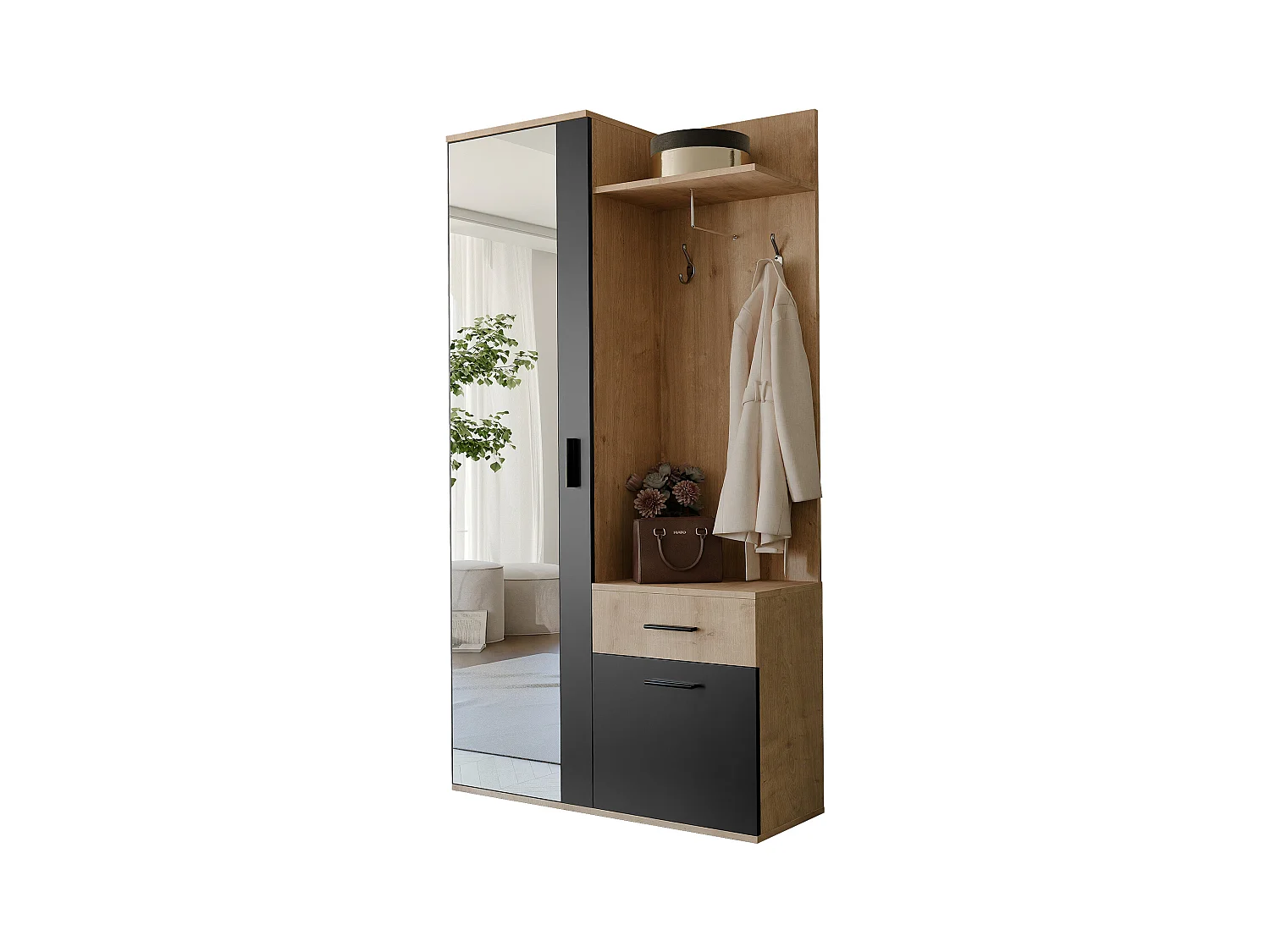 Vestiaire avec 3 portes, 1 tiroir et 1 miroir – Naturel et noir