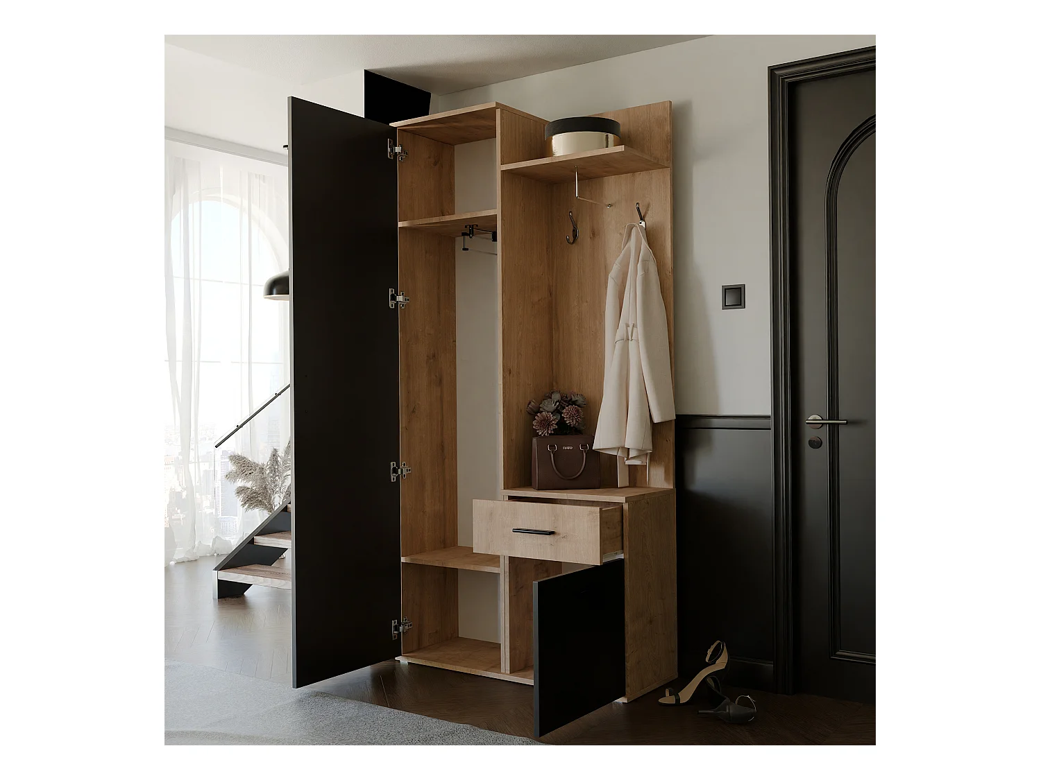 Vestiaire avec 3 portes, 1 tiroir et 1 miroir – Naturel et noir