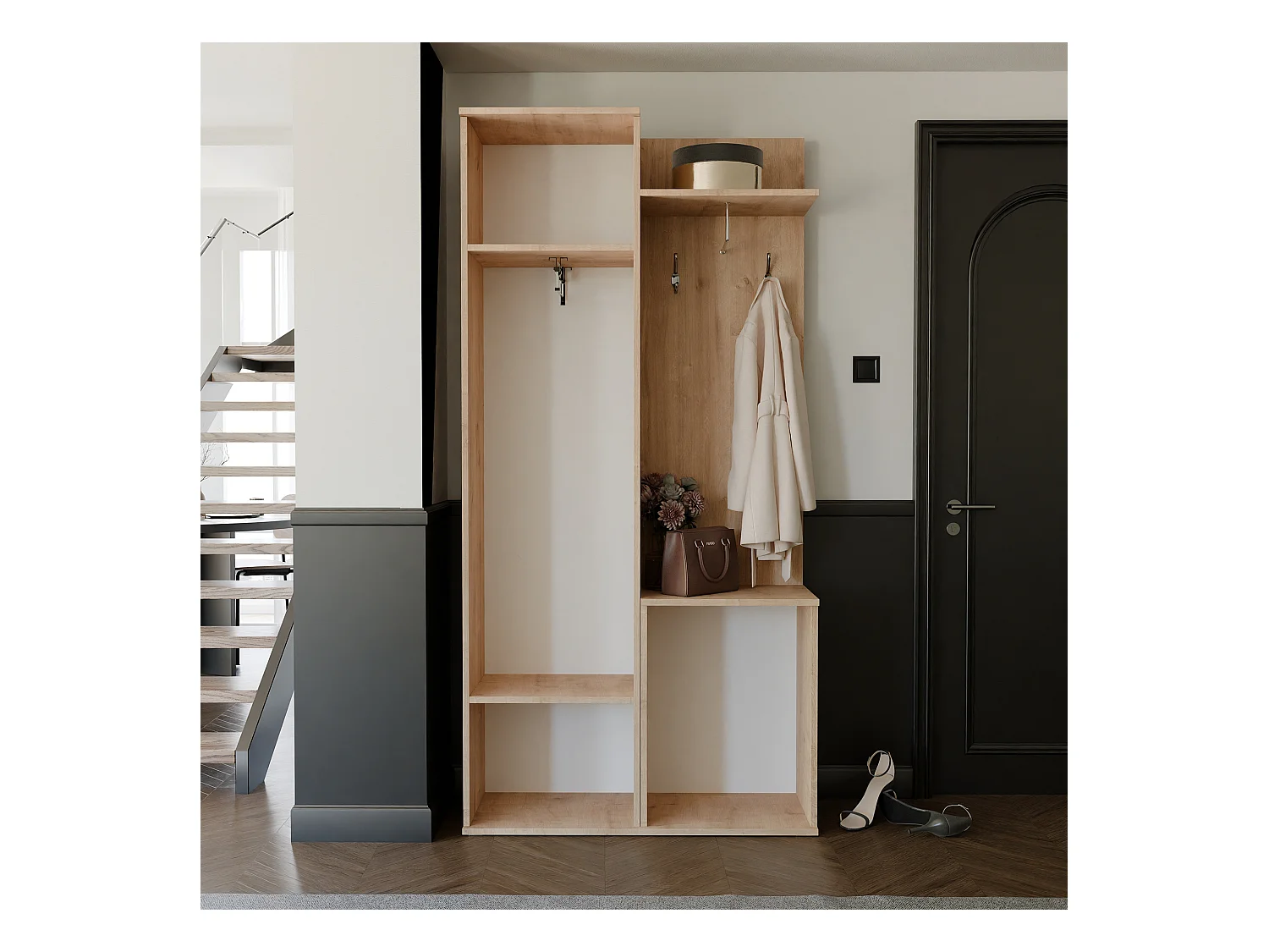 Vestiaire avec 3 portes, 1 tiroir et 1 miroir – Naturel et noir