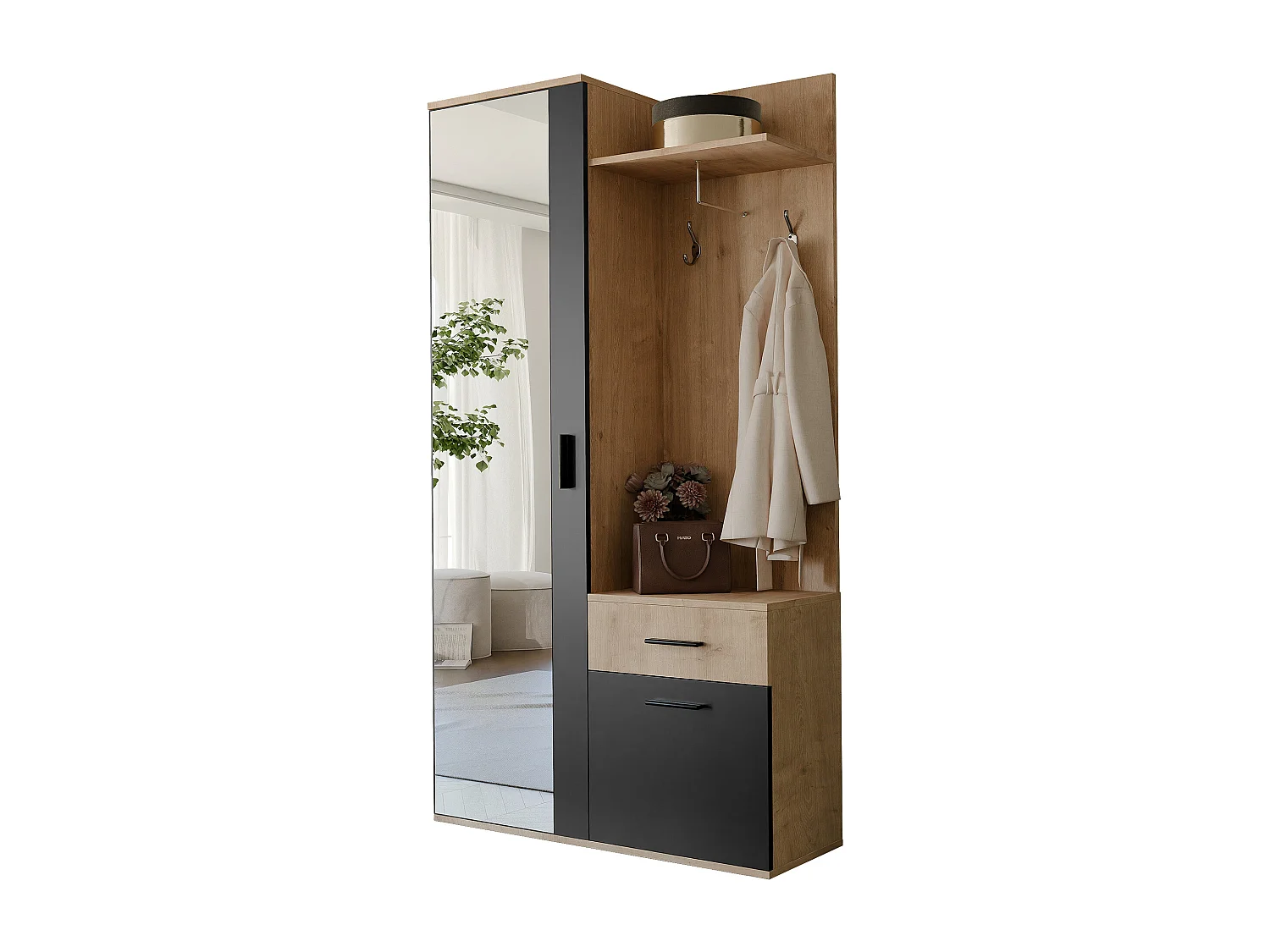 Vestiaire avec 3 portes, 1 tiroir et 1 miroir – Naturel et noir