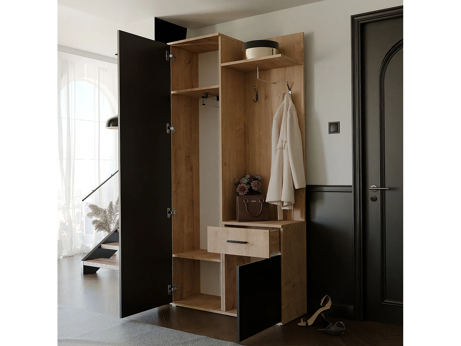 Vestiaire avec 3 portes, 1 tiroir et 1 miroir – Naturel et noir