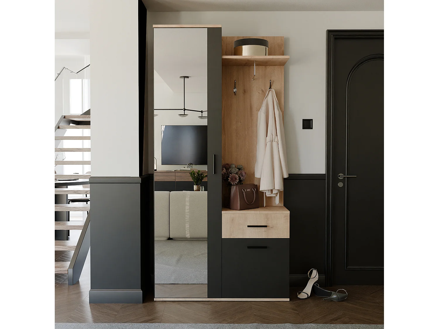 Vestiaire avec 3 portes, 1 tiroir et 1 miroir – Naturel et noir